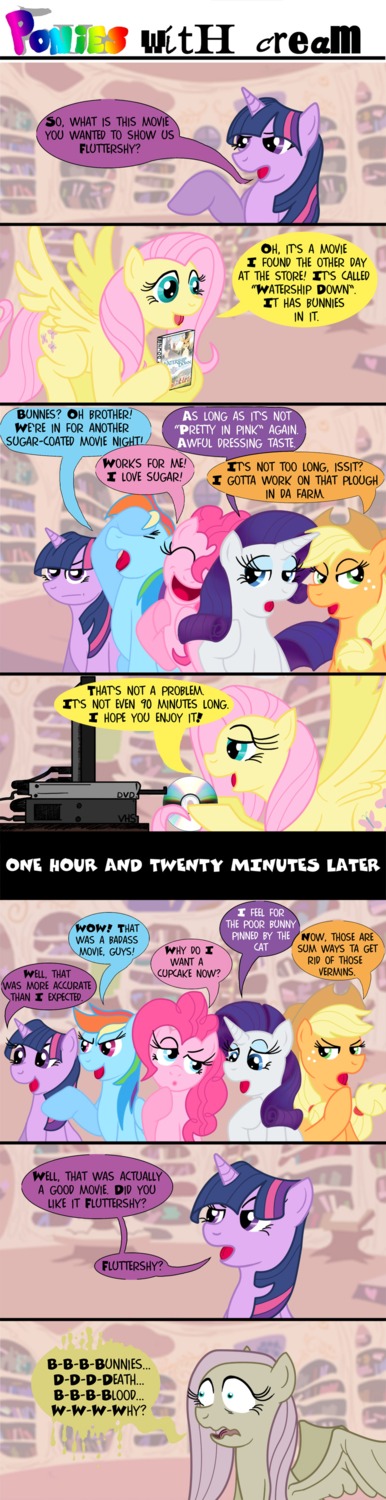 absurd_res applejack_(mlp) blue_body blue_feathers blue_fur comic e621 earth_pony english_text equid equine feathered_wings feathers female feral fluttershy_(mlp) friendship_is_magic fur group hair hasbro hi_res horn horse james_corck mammal multicolored_hair my_little_pony mythological_creature mythological_equine mythology pegasus pinkie_pie_(mlp) pony purple_body purple_fur purple_hair quadruped rainbow_dash_(mlp) rainbow_hair rarity_(mlp) shocked tail text twilight_sparkle_(mlp) two_tone_hair unicorn watching_television watership_down wings yellow_body yellow_feathers