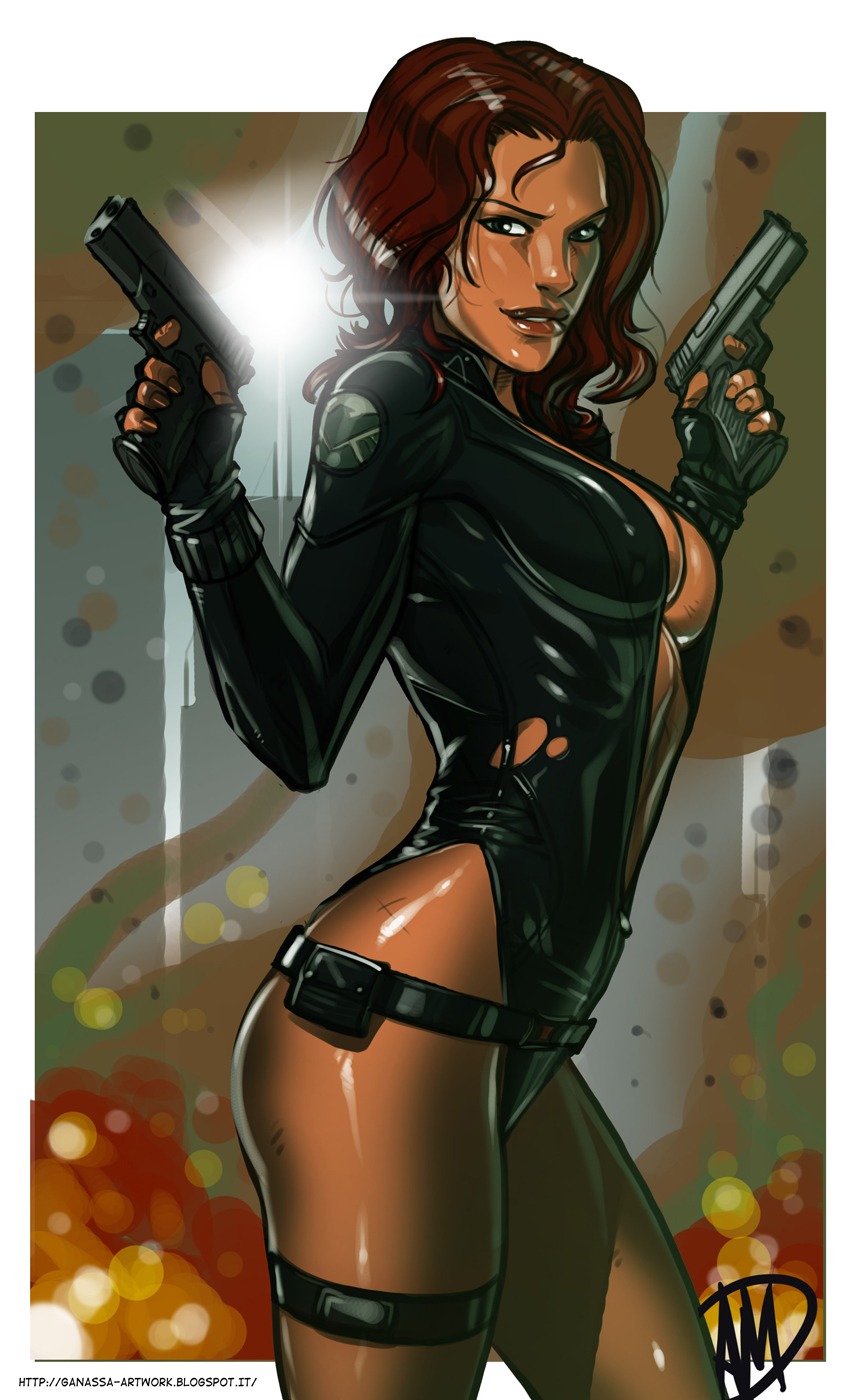 1girls avengers black_widow_(marvel) cleavage dual_wielding female female_only fit fit_female ganassa gun human human_only leotard_aside light-skinned_female light_skin marvel marvel_comics natasha_romanoff red_hair rule34 s.h.i.e.l.d. solo solo_female tight_clothing torn_clothes unzipped unzipped_bodysuit weapon