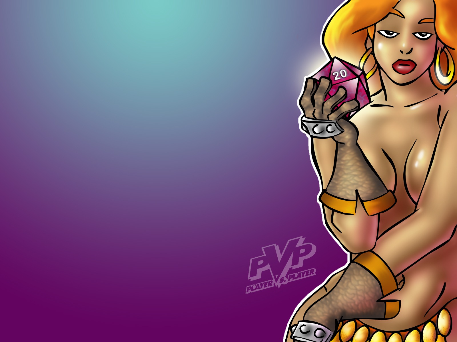 1girls bikini_bottom_only breasts chainmail_bikini dice facing_viewer female female_only gloves gradient_background hoop_earrings jade_fontaine looking_at_viewer medium_breasts orange_hair pvp rule34 simple_background solo tagme topless_female webcomic white_outline