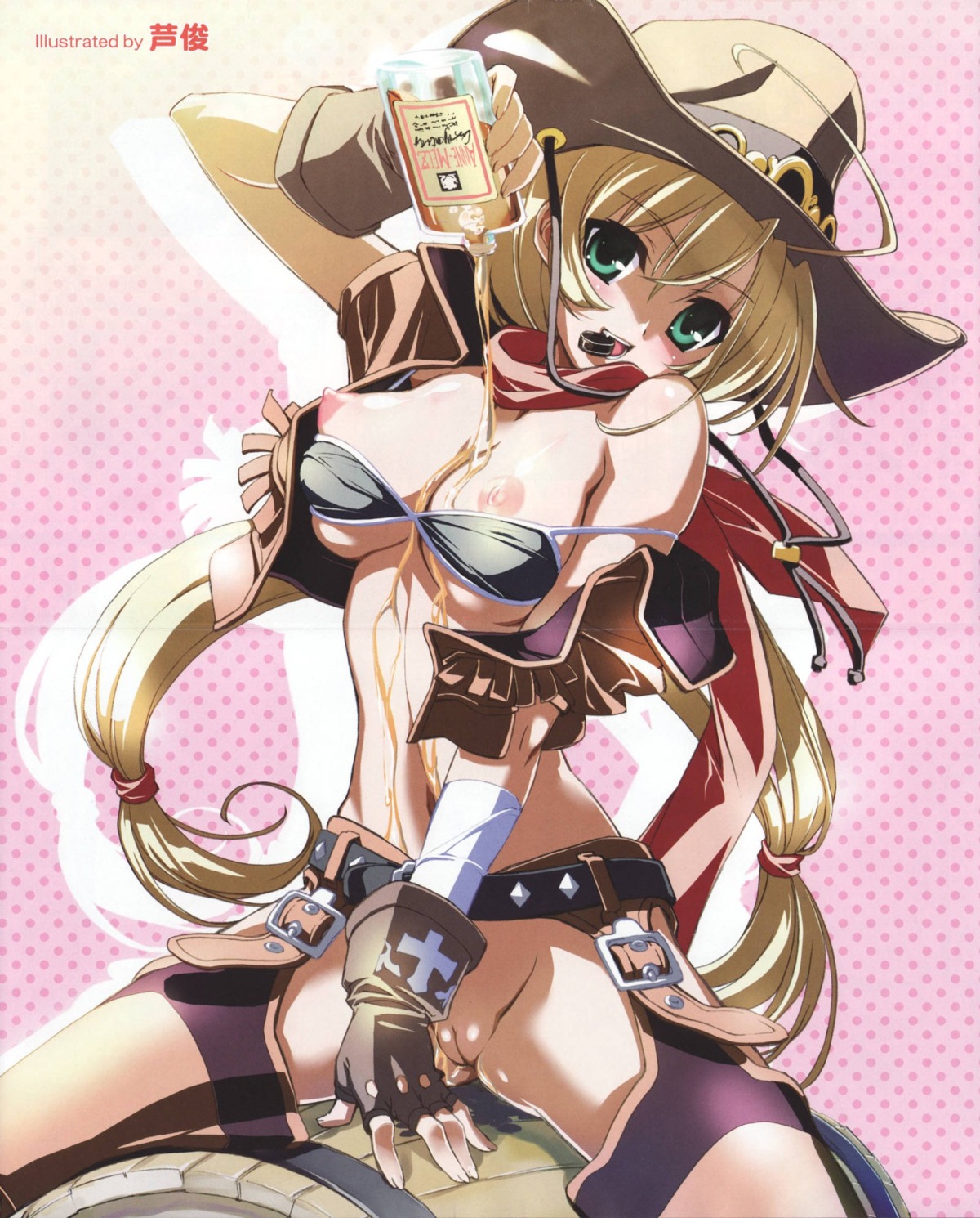 1girls ashishun barrel beer belt bikini_top blonde_hair blush bottle breasts chaps cowboy_hat female female_only fingerless_gloves gloves green_eyes hat head_tilt highres long_hair messy mouth_hold navel nipples no_panties off_shoulder pussy rule34 scan scarf sitting solo solo_female spill straddle strap_slip tied_hair twintails uncensored very_long_hair western