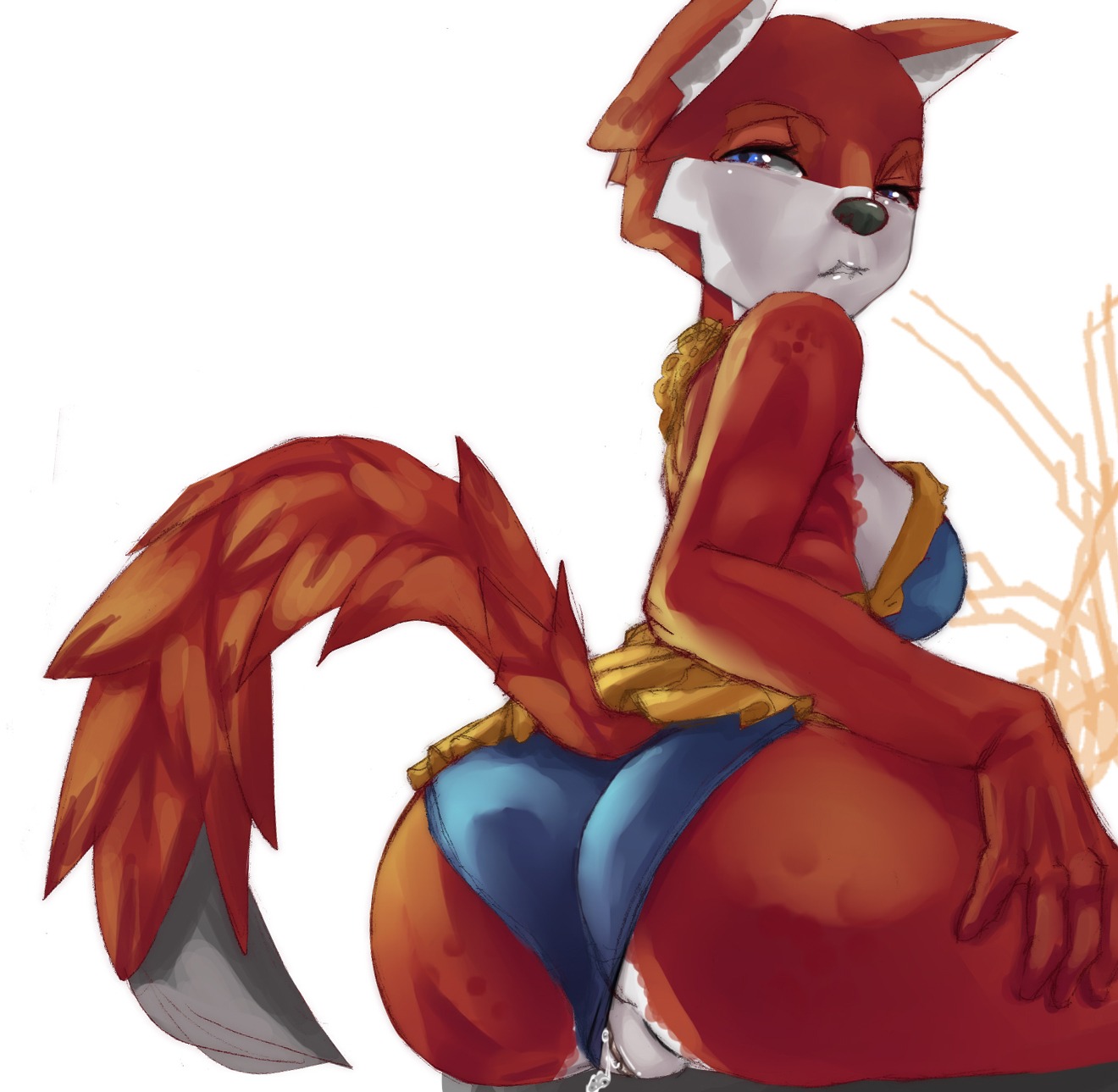 anobu anthro big_butt blue_eyes bodily_fluids bottomwear breasts butt canid canine clothing clothing_aside cum e621 female fox fur genital_fluids genitals hi_res looking_at_viewer looking_back mammal panties panties_aside presenting presenting_hindquarters red_body red_fur simple_background skirt solo underwear underwear_aside vaginal_fluids vulva white_background white_body white_fur