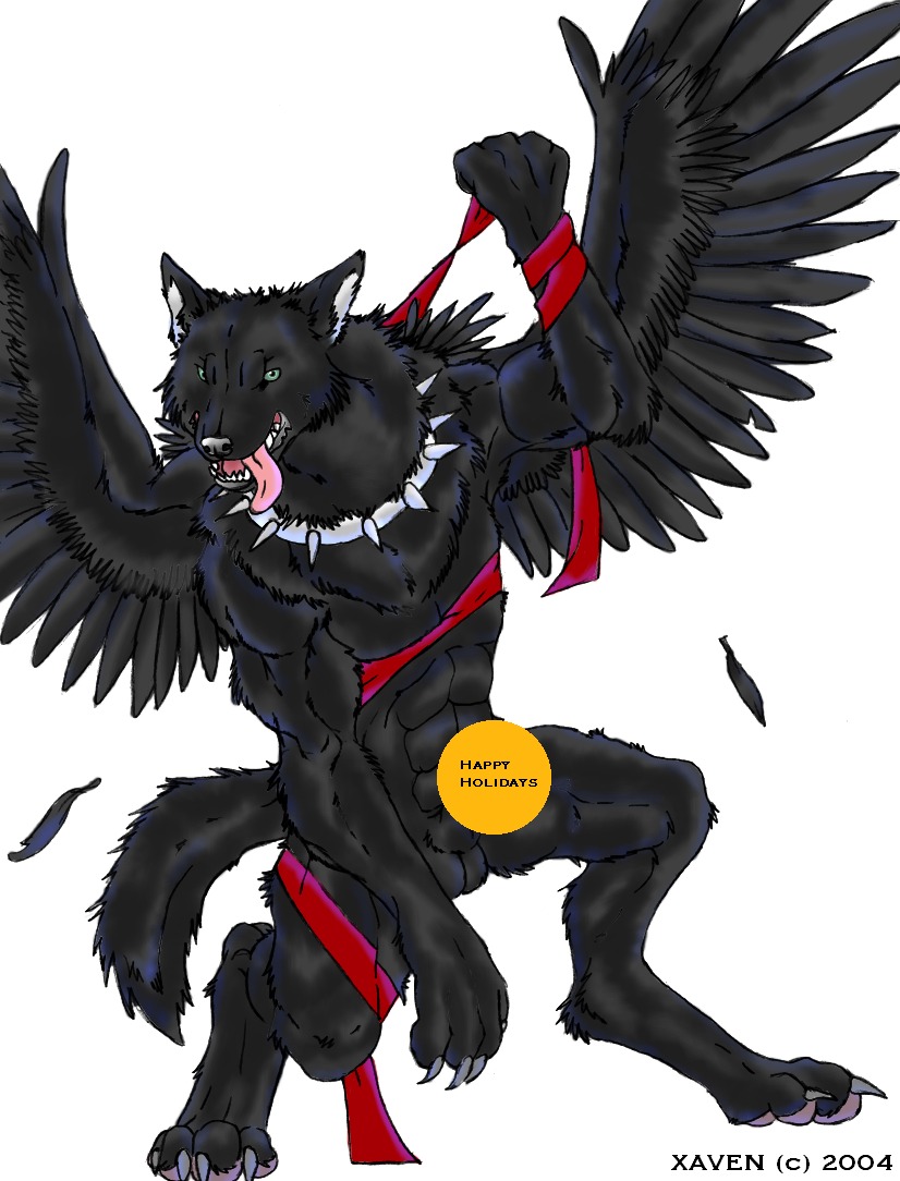 2004 abs anthro balls biped black_body black_fur canid canine canis censored circle_censor claws collar e621 erection feathered_wings feathers fur genitals green_eyes hair ineffective_censorship looking_at_viewer male mammal nude open_mouth penis ribbons simple_background smile solo spiked_collar spikes toe_claws tongue tongue_out unknown_artist white_background wings wolf xaven