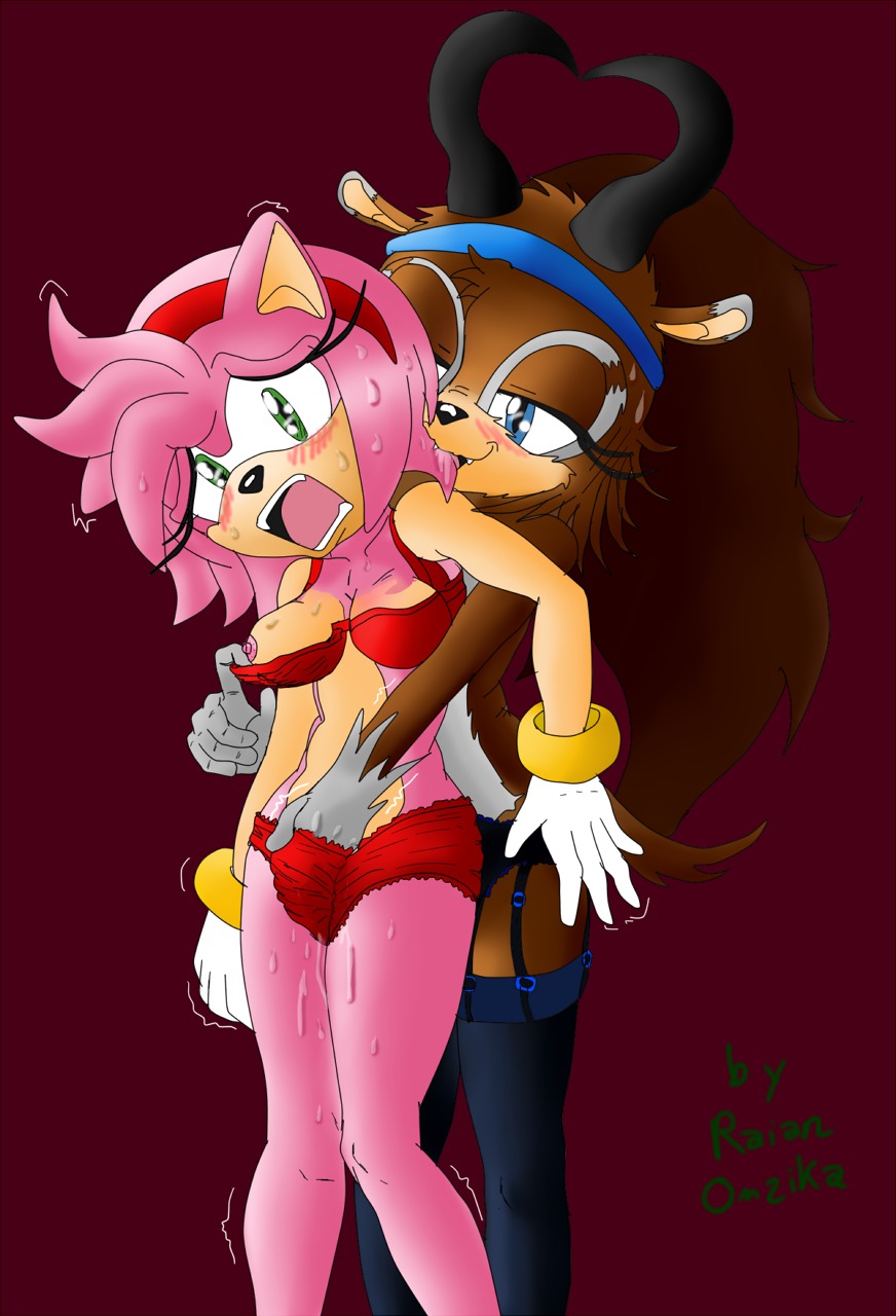 amy_rose anthro breasts brown_fur clothes color female female_only fingering forced front_view fur furry furry_only hedgehog lingerie medium_breasts multiple_females pink_fur pussy pussy_juice raianonzika rule34 sega sonic_(series) sonic_the_hedgehog_(series) standing sweat underwear yuri