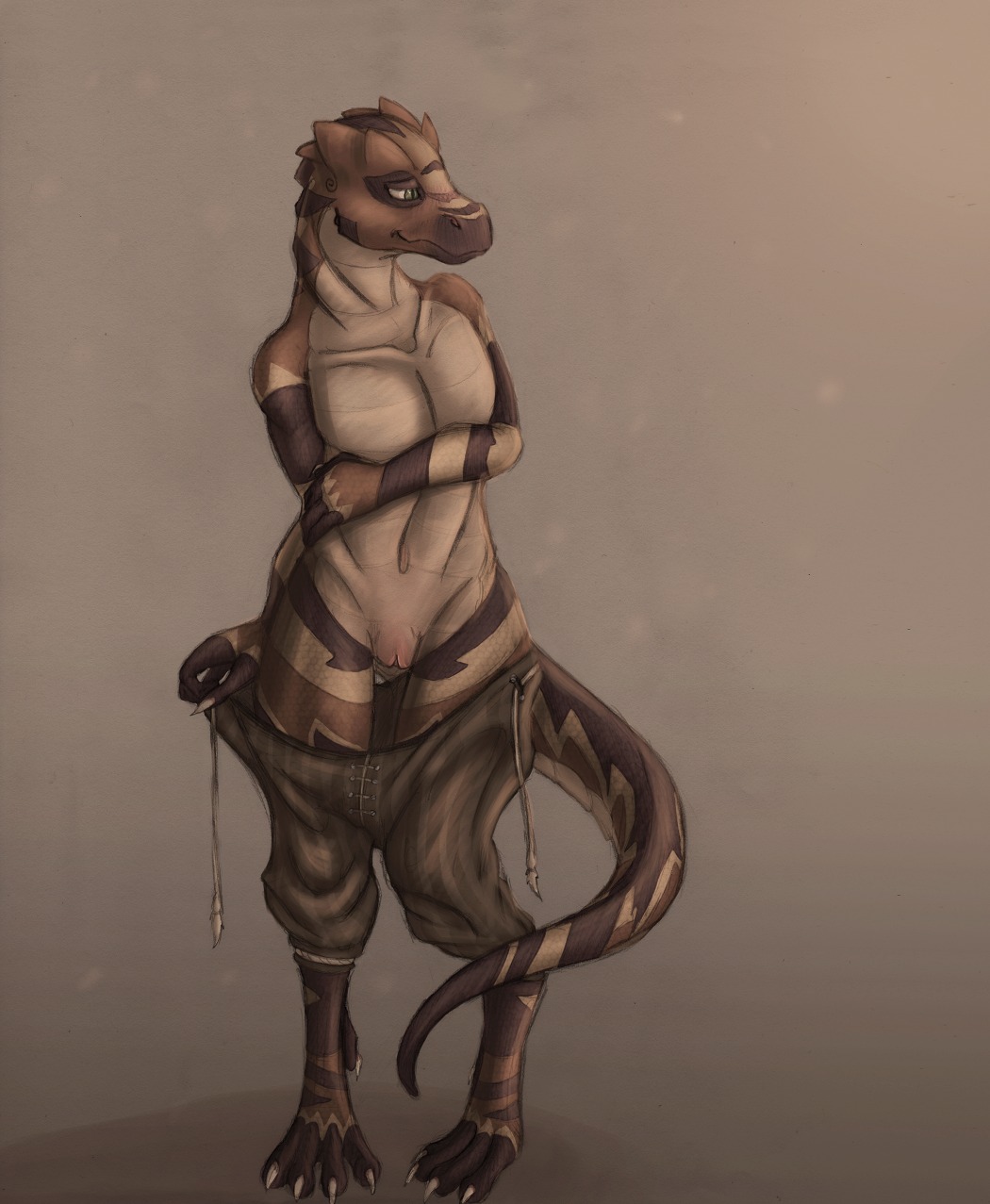 2014 abstract_background anthro bottomwear claws clothing e621 female flat_chested genitals green_eyes hi_res kobold kritkobold pants reptile scalie simple_background solo undressing vulva yapkin_(kritkobold)
