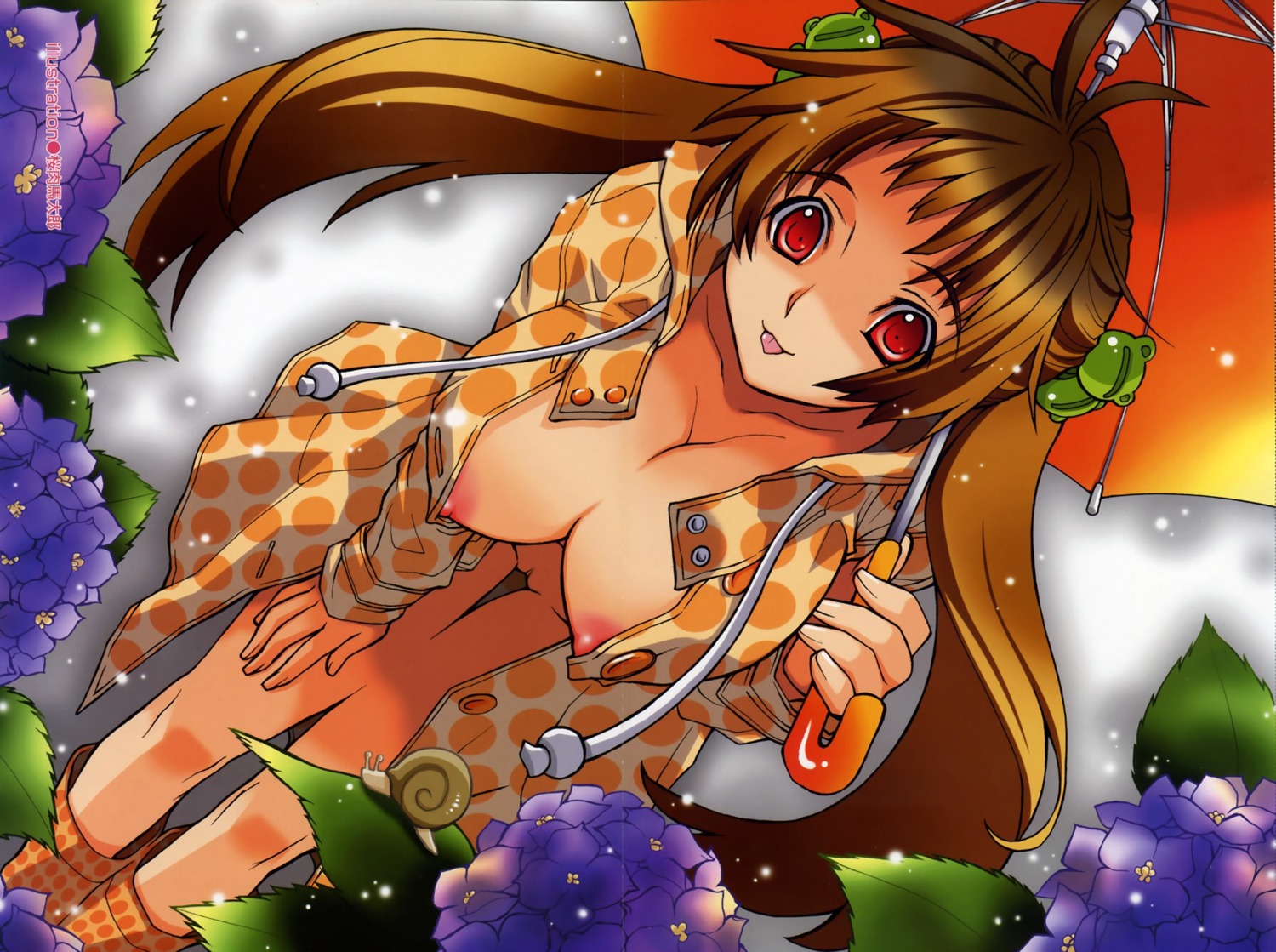 breasts brown_hair cleavage female flower highres long_hair nipples open_clothes open_shirt original original_character pointy_chin pussy rain red_eyes rule34 sakura_nikumataro scan shirt snail tongue umbrella