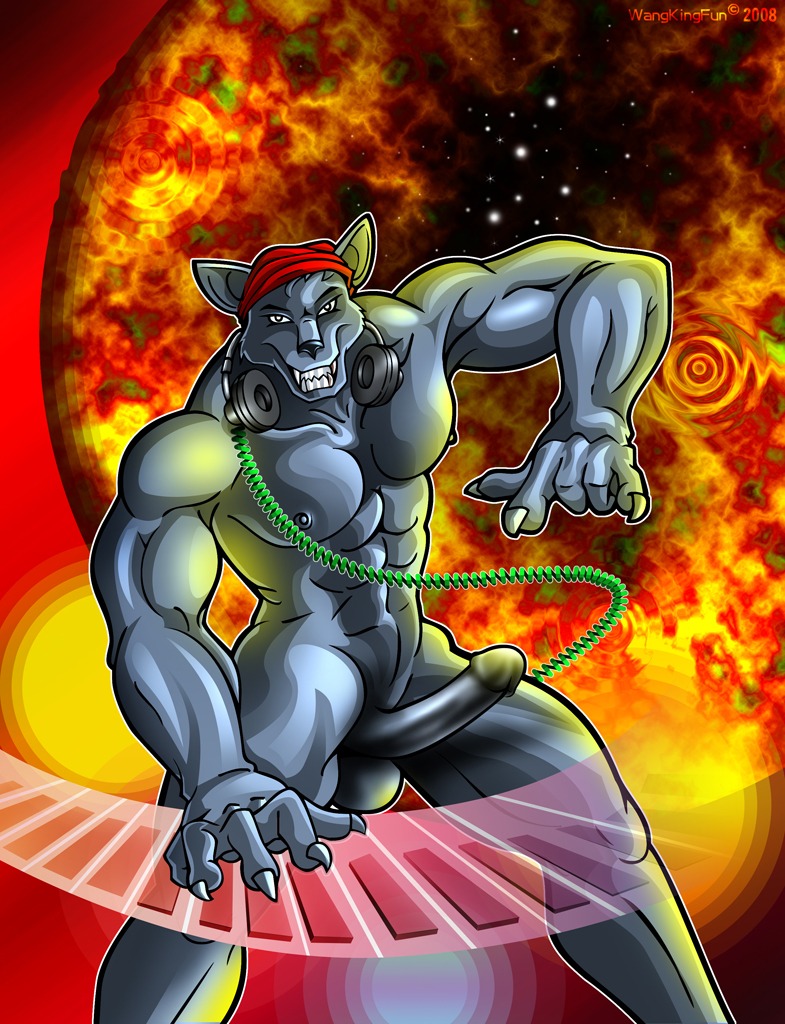 abs anthro balls biceps big_penis black_body black_fur black_nose black_penis canid canine canis clothing collarbone disc_jockey e621 electronics erection fur genitals headgear headkerchief headphones headphones_around_neck headwear kerchief lupine_assassin male mammal muscular muscular_anthro muscular_male naturally_unclothed navel nipples nude pecs penis pose red_kerchief solo wangkingfun wolf
