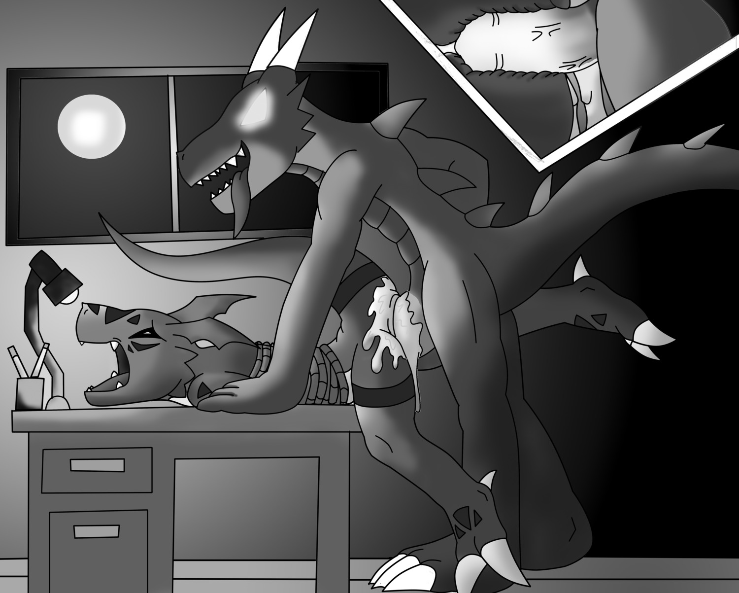 absurd_res ambiguous_gender anal anal_penetration bandai_namco bodily_fluids cum cum_inside digimon digimon_(species) digital_media_(artwork) dragon duo e621 erection forced from_behind_position full_moon genital_fluids genitals glowing glowing_eyes greyscale guilmon hector21314 hi_res horn inside male monochrome moon mythological_creature mythological_scalie mythology night open_mouth orgasm penetration penis raised_tail rape scalie sex side_view tail tongue