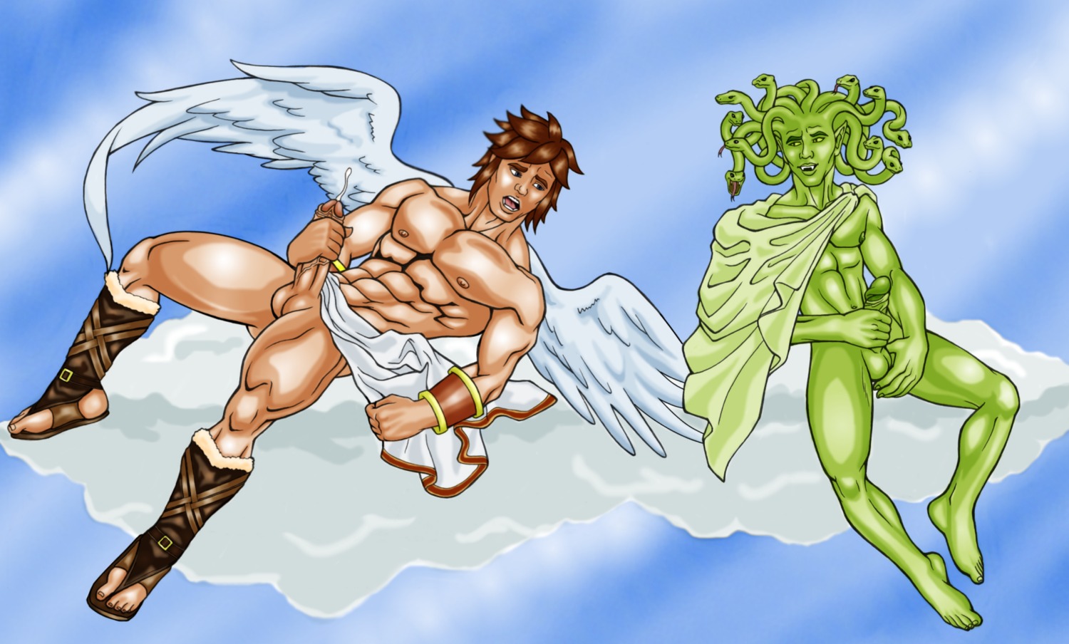 cloud day genderswap genderswap_(ftm) kid_icarus male male_only masturbation medusa muscular muscular_male outdoors penis pit_(kid_icarus) rule34 rule_63 tagme
