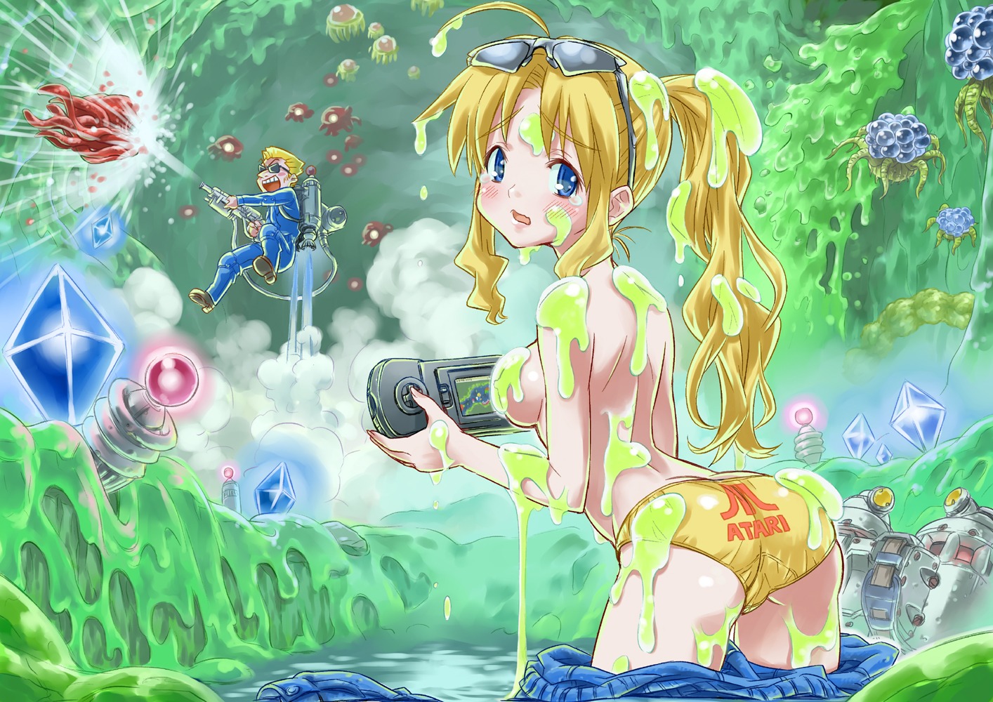 atari atari_lynx beige_skin blonde_hair blue_eyes blush bottomless breasts color eyewear female flying glasses gun hair holding human jetpack long_hair looking_at_viewer looking_back male open_mouth ponytail rule34 rule_63 shooting slime smoke tied_hair todd's_adventure_in_slime_world todd_the_explorer weapon