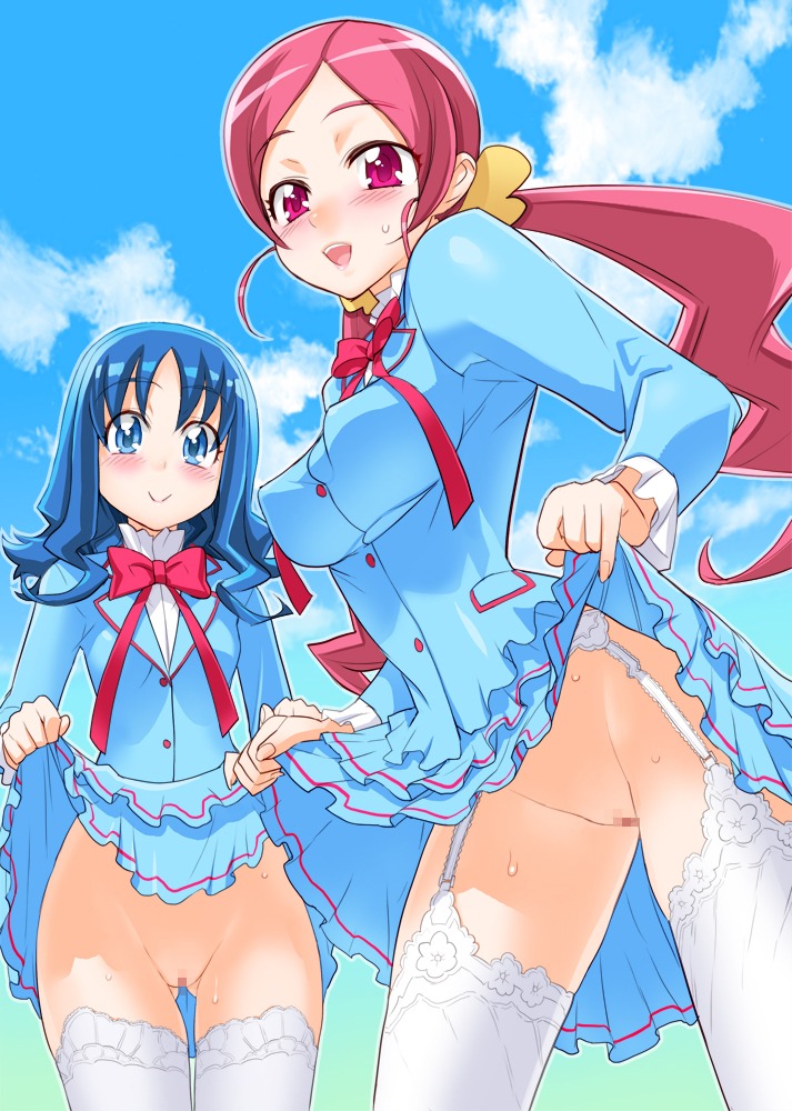 alternate_costume blue_eyes blue_hair blush breasts censored clothing cosplay cure_blossom cure_marine erika_kurumi female garter_belt heartcatch_precure! inazuma long_hair magical_girl multiple_females multiple_girls nipples no_panties pink_eyes pink_hair precure pretty_cure ribbon rule34 satou_shouji school_uniform skirt skirt_lift small_breasts smile stockings sweat thighhighs tied_hair tsubomi_hanasaki twintails