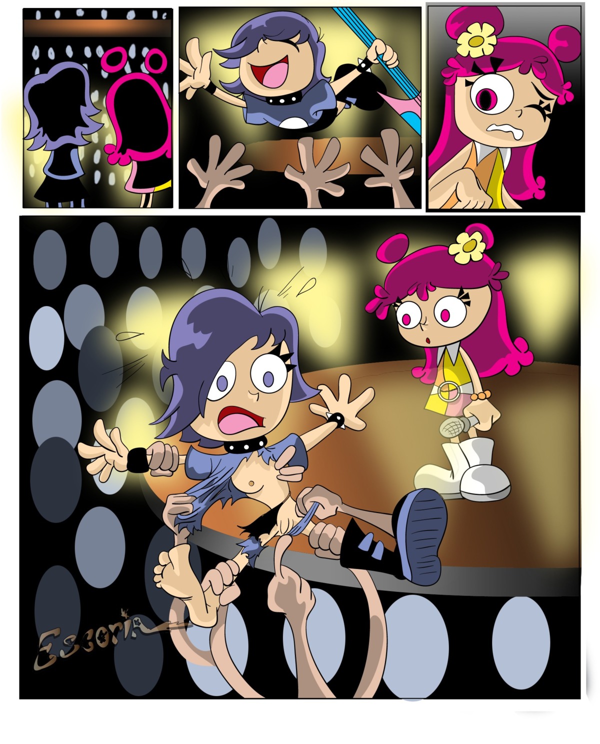 2girls ami_onuki audience blue_hair cartoon_network crowd_surfing escoria female footwear guitar hi_hi_puffy_amiyumi human instrument male multiple_females multiple_girls musical_instrument neckwear partial_male public ripped_clothing rule34 tagme torn_clothing wristwear yumi_yoshimura