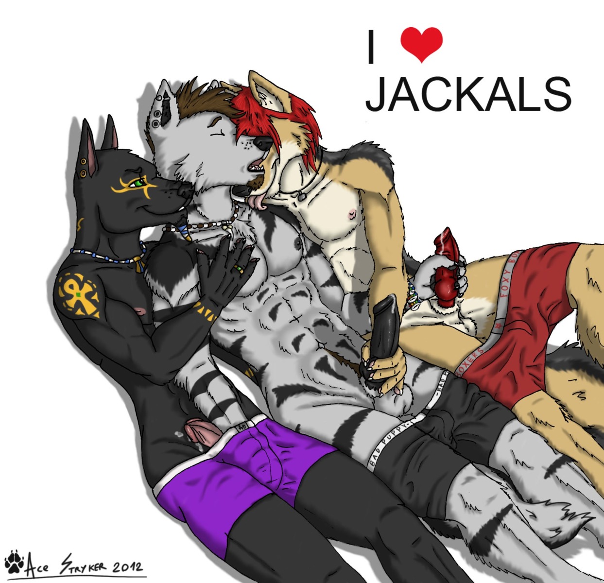 2012 abs ace_stryker animal_genitalia animal_penis anthro anthro_on_anthro anubian_jackal anubis balls bodily_fluids boxer_briefs brown_hair canid canine canine_genitalia canine_penis canis clothing deity e621 egyptian_mythology english_text erection eyes_closed facial_hair genital_fluids genitals green_eyes group group_sex hair handjob heart_symbol hi_res jackal jewelry knot licking lying male male/male mammal middle_eastern_mythology muscular muscular_male mutual_handjob mutual_masturbation mythology necklace nipples open_mouth penile penis precum red_hair sex simple_background tail text threesome tongue tongue_out trio underwear white_background wolf