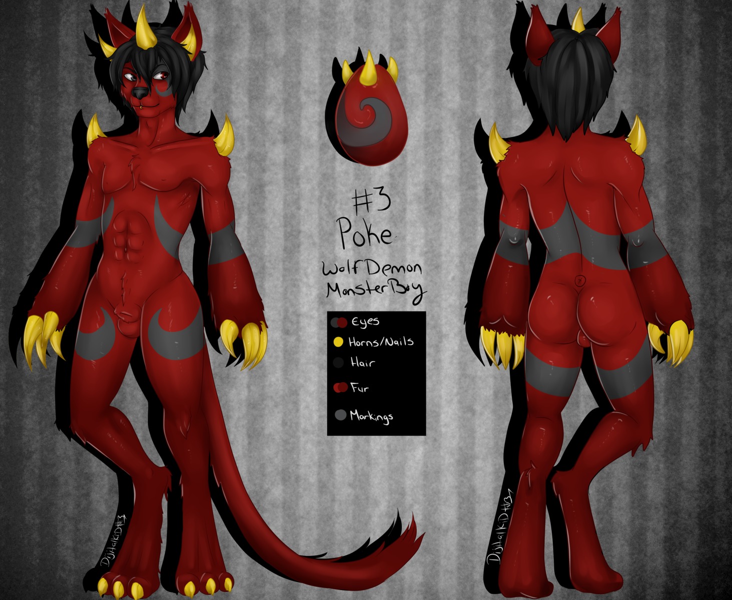 absurd_res animal_genitalia anthro black_hair canid canine canis claws demon dijitalkid e621 fully_sheathed fur genitals hair hi_res horn hybrid leon_long long_tail male mammal markings nude poking red_body red_fur sheath solo tail wolf