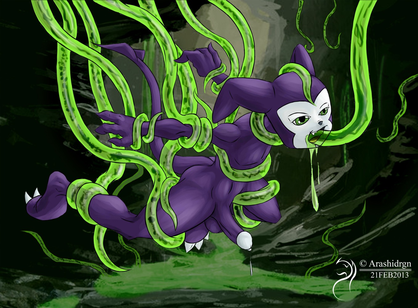 anal anal_penetration arashidrgn balls bandai_namco bodily_fluids claws coiling cum digimon digimon_(species) e621 erection genital_fluids genitals green_eyes half-closed_eyes humanoid imp impmon lifting male narrowed_eyes open_mouth oral oral_penetration penetration penis pillarbox precum restrained sex shortstack shortstack_male solo tentacles thick_thighs toe_claws