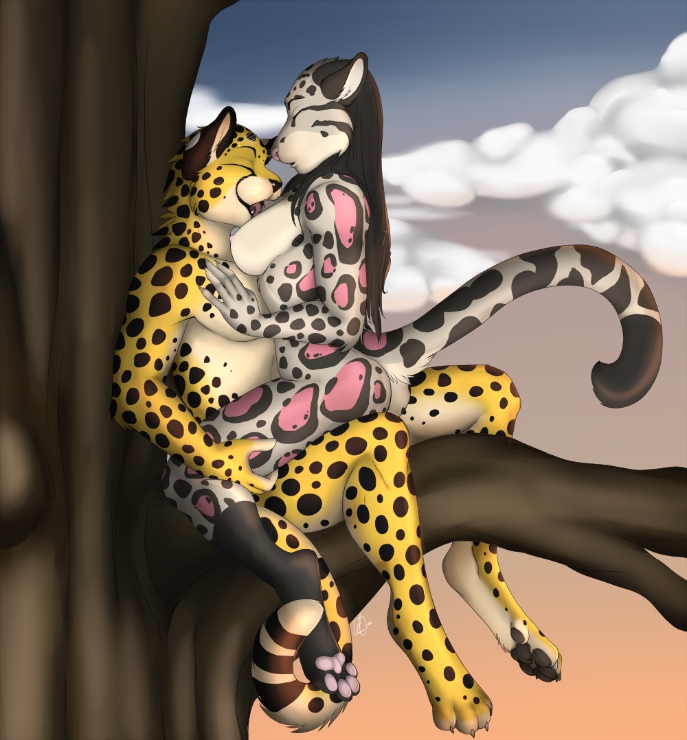 accelo anthro anthro_on_anthro breast_lick breast_play breasts cheetah duo e621 felid feline female jasiri leopard leopard_spots licking male male/female mammal nude pantherine pink_spots plant princess_tagalong sex spots tail tongue tongue_out tree wood