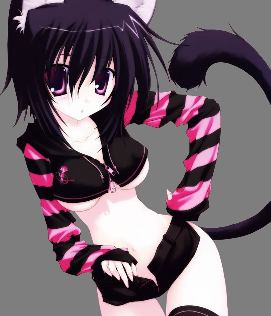 1girls animal_ears black_hair blush breasts cat_ears cat_girl female huge_eyes midriff nanao_naru nekomimi no_panties open_fly open_shorts purple_eyes rule34 short_hair shorts tail thighhighs underboob unzipped