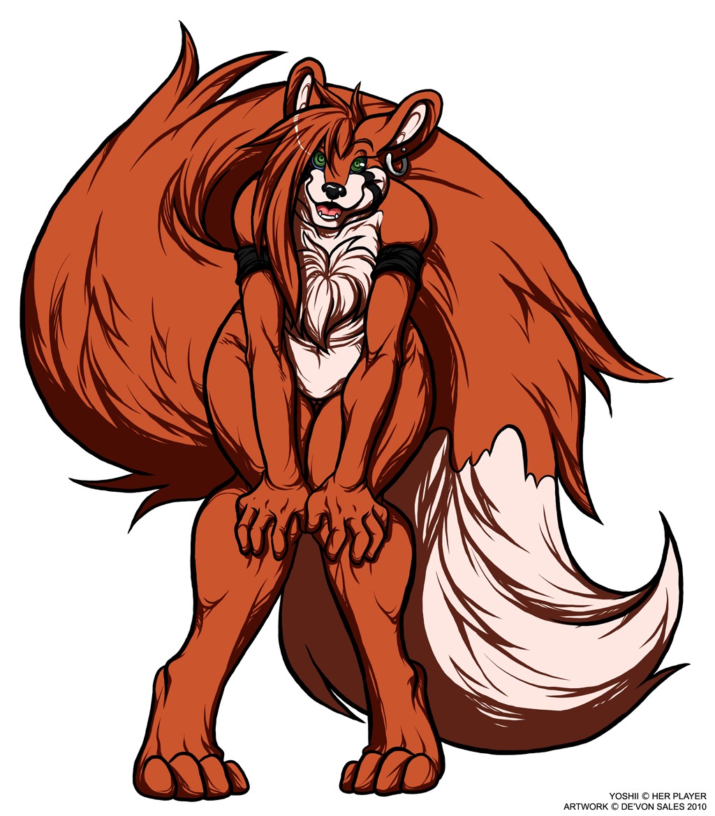 anthro canid canine chest_tuft deonwolf e621 ear_piercing female fox fur green_eyes looking_at_viewer mammal orange_body orange_fur piercing pose simple_background solo tail tuft white_background