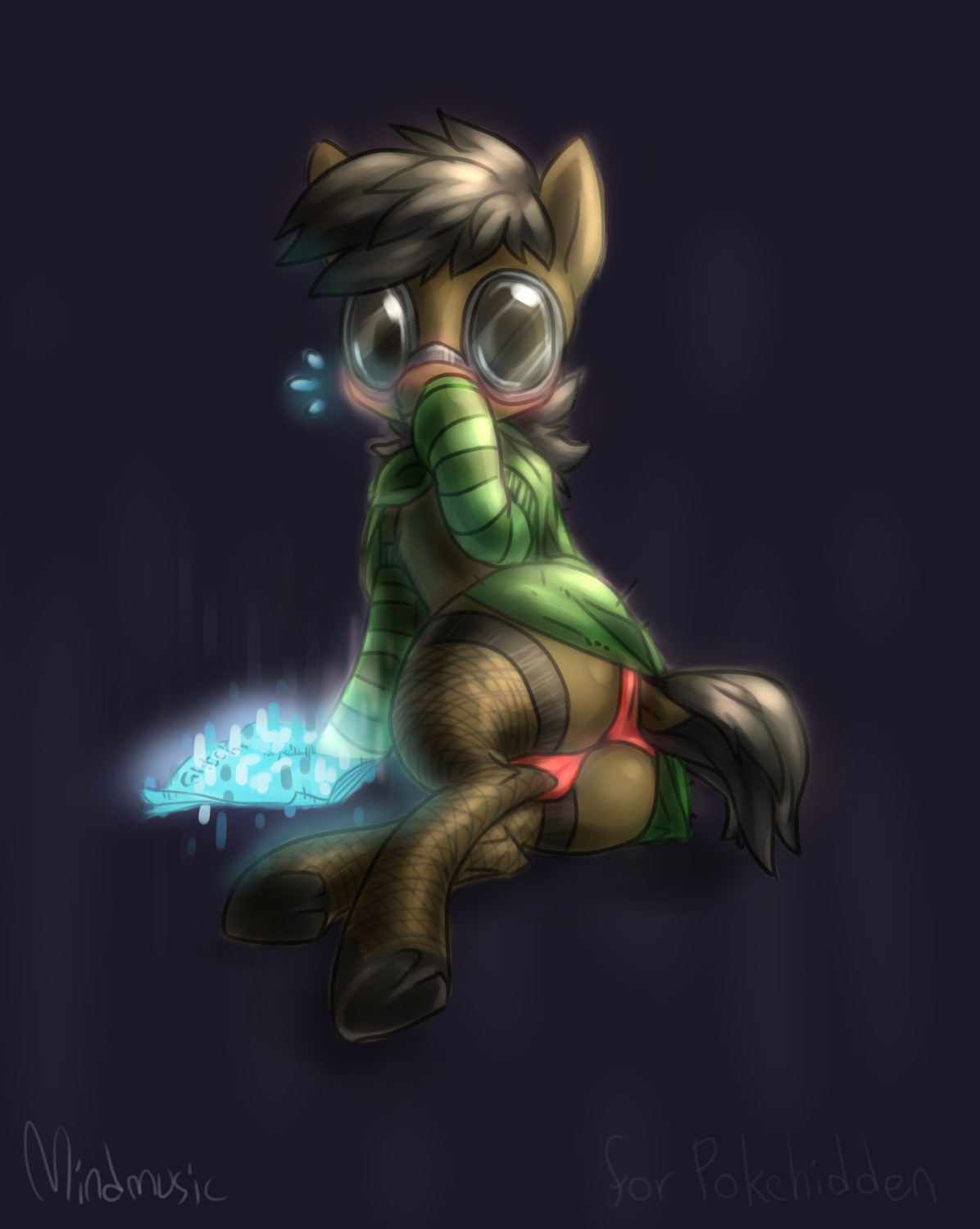 balls_outline black_hair bulge cloak clothed clothing crossdressing detailed_bulge e621 equid equine eyewear femboy genital_outline glasses hair hasbro hi_res horse legwear male mammal mindmusic my_little_pony panties pony ponyhidden solo stockings underwear