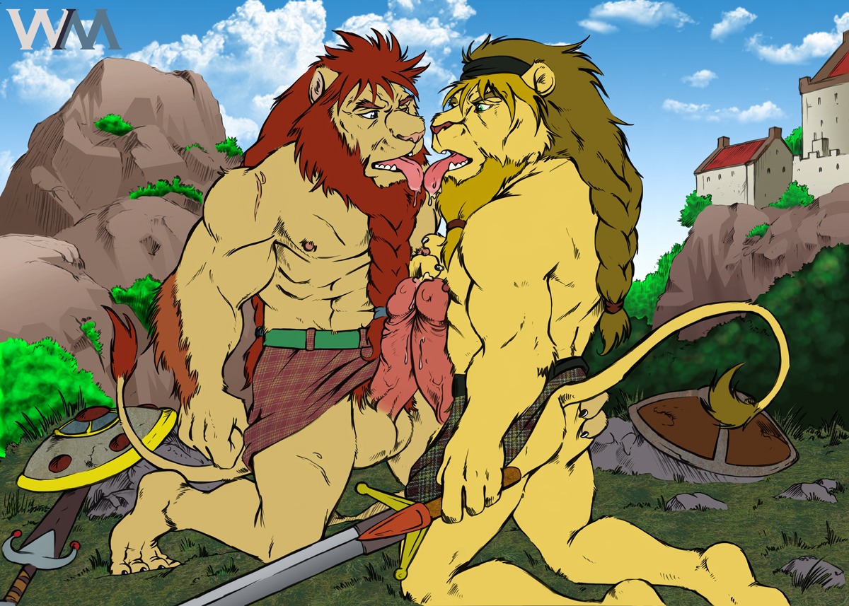 abs anthro anthro_on_anthro balls beard biceps big_muscles big_penis braided_beard duo e621 erection facial_hair felid frottage fur furryrevolution genitals humanoid_genitalia humanoid_penis kissing kneeling lion male male/male mammal melee_weapon muscular muscular_male nievelion nude pantherine penile penis penises_touching sex sword tail tail_tuft tongue tongue_out tuft weapon wuffamute