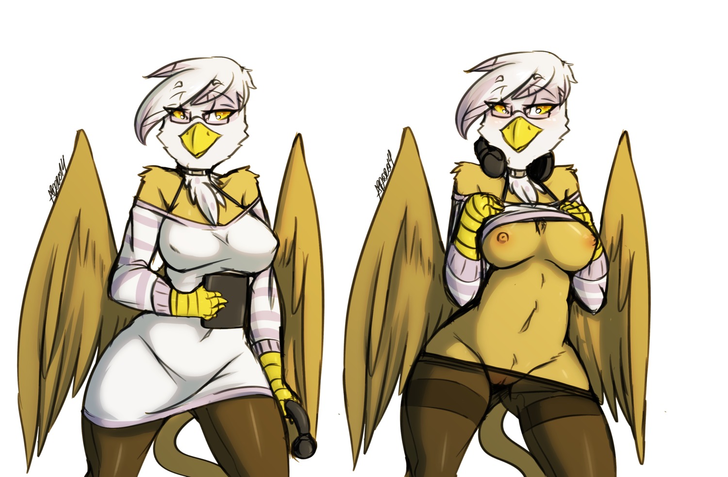 2014 anthro anthrofied avante92 avian beak big_breasts breasts brown_body brown_feathers clothing e621 electronics eyewear feathered_wings feathers female flashing friendship_is_magic genitals gilda_(mlp) glasses gryphon hasbro headphones hi_res legwear my_little_pony mythological_avian mythological_creature mythology navel nipples non-mammal_breasts non-mammal_nipples pantyhose purple_body purple_feathers simple_background solo tail undressing vulva white_background white_body white_feathers wide_hipped_anthro wide_hipped_female wide_hips wings