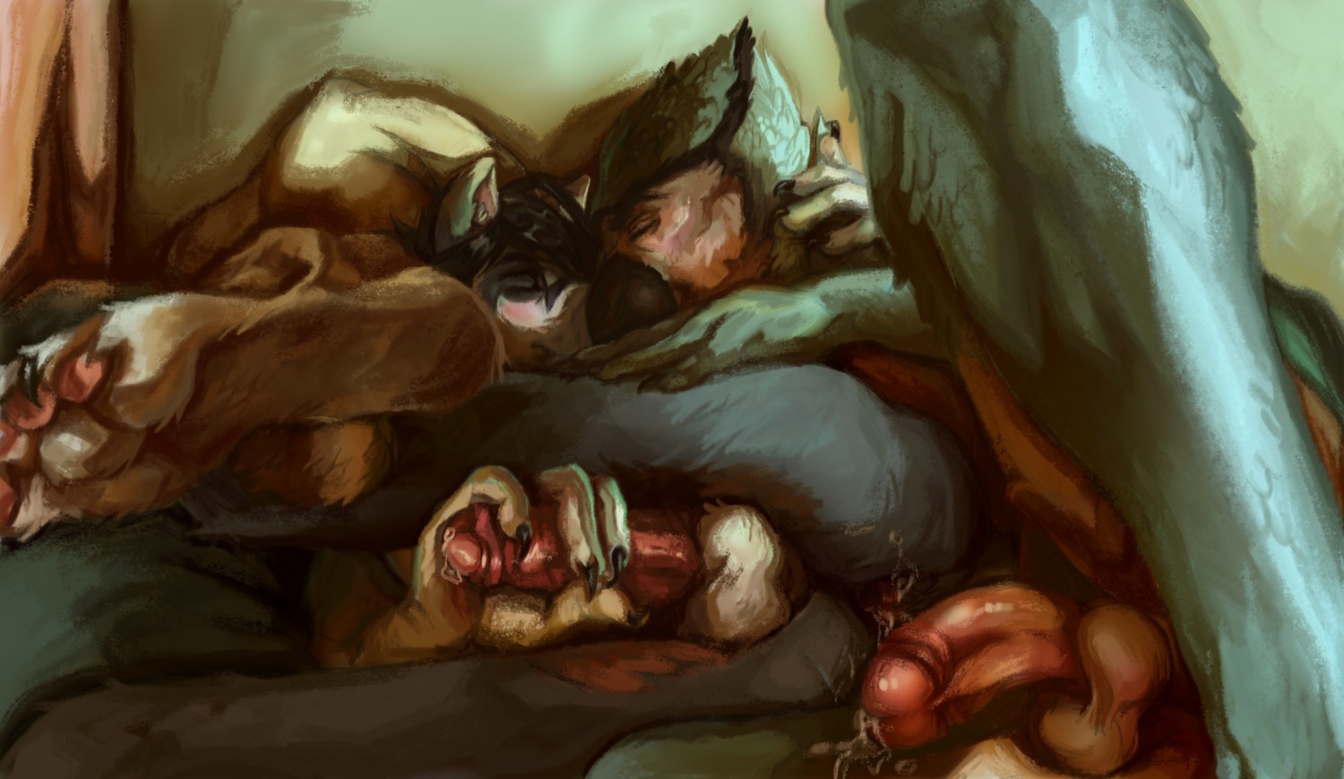 2014 after_sex anal anthro avian backsack balls beak bed bird blue_jay blush bodily_fluids butt byokiboy claws corvid cum cum_in_ass cum_inside duo e621 erection feathers feet fender_mcbender foreskin from_behind_position fur furniture genital_fluids genitals hair hi_res hindpaw humanoid_genitalia humanoid_penis hybrid jay_(bird) lying male male/male male_penetrated male_penetrating male_penetrating_male new_world_jay nude orgasm oscine passerine pawpads paws penetration penis pillow raised_leg retracted_foreskin sex spread_legs spreading toes vinzin_(character)
