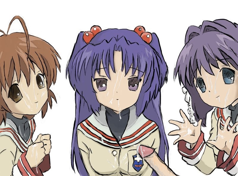 3girls bow breasts clannad clothing cum cum_on_body cum_on_breasts cum_on_upper_body cumshot facial female fujibayashi_ryou furukawa_nagisa ichinose_kotomi multiple_females multiple_girls rule34 straight_hair