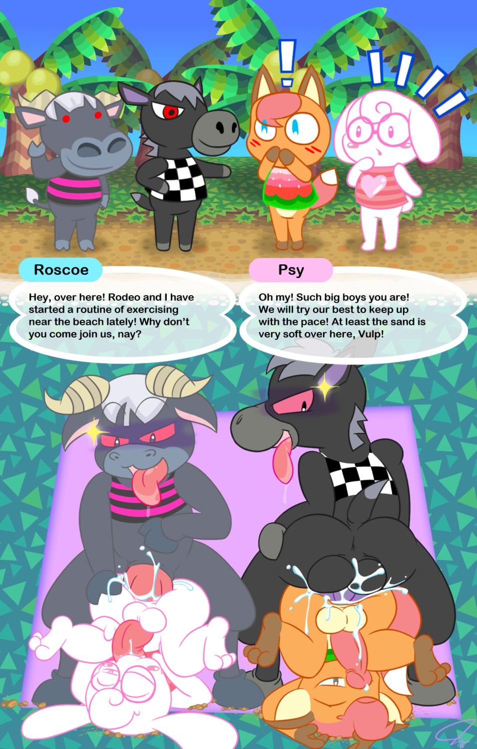 anal anal_penetration angus_cattle animal_crossing anthro autofellatio autofellatio_while_penetrated balls beach beef_cattle bodily_fluids bovid bovine canid canine cattle cum cum_in_ass cum_inside cumshot dialogue e621 ejaculation english_text equid equine erection femboy fox genital_fluids genitals group header header_box hi_res horse humanoid_genitalia humanoid_penis interspecies lagomorph male male/male male_penetrated male_penetrating male_penetrating_male mammal masturbating_while_penetrated masturbation messy nintendo octii oral oral_masturbation oral_penetration orgasm outside parallel_sex penetration penile penile_masturbation penis piledriver_position psy_(psyredtails) psyredtails reverse_piledriver_position rodeo_(animal_crossing) roscoe_(animal_crossing) seaside sex sex_on_the_beach stretched_anus text text_header tight_fit upside_down