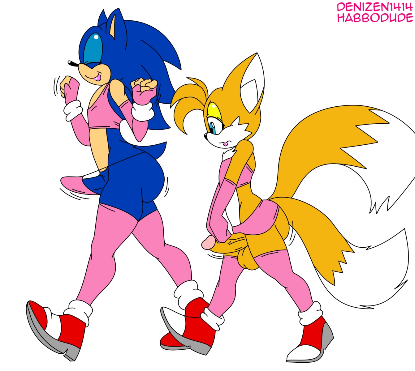 anthro anthrofied balls big_butt blue_body blue_eyes blue_hair butt canid canine clothed clothing crossdressing denizen1414 duo e621 erection eulipotyphlan eyes_closed femboy fox genitals habbodude hair hedgehog hi_res male male/male mammal miles_prower orange_hair penis sega skimpy smile sonic_the_hedgehog sonic_the_hedgehog_(series) vein