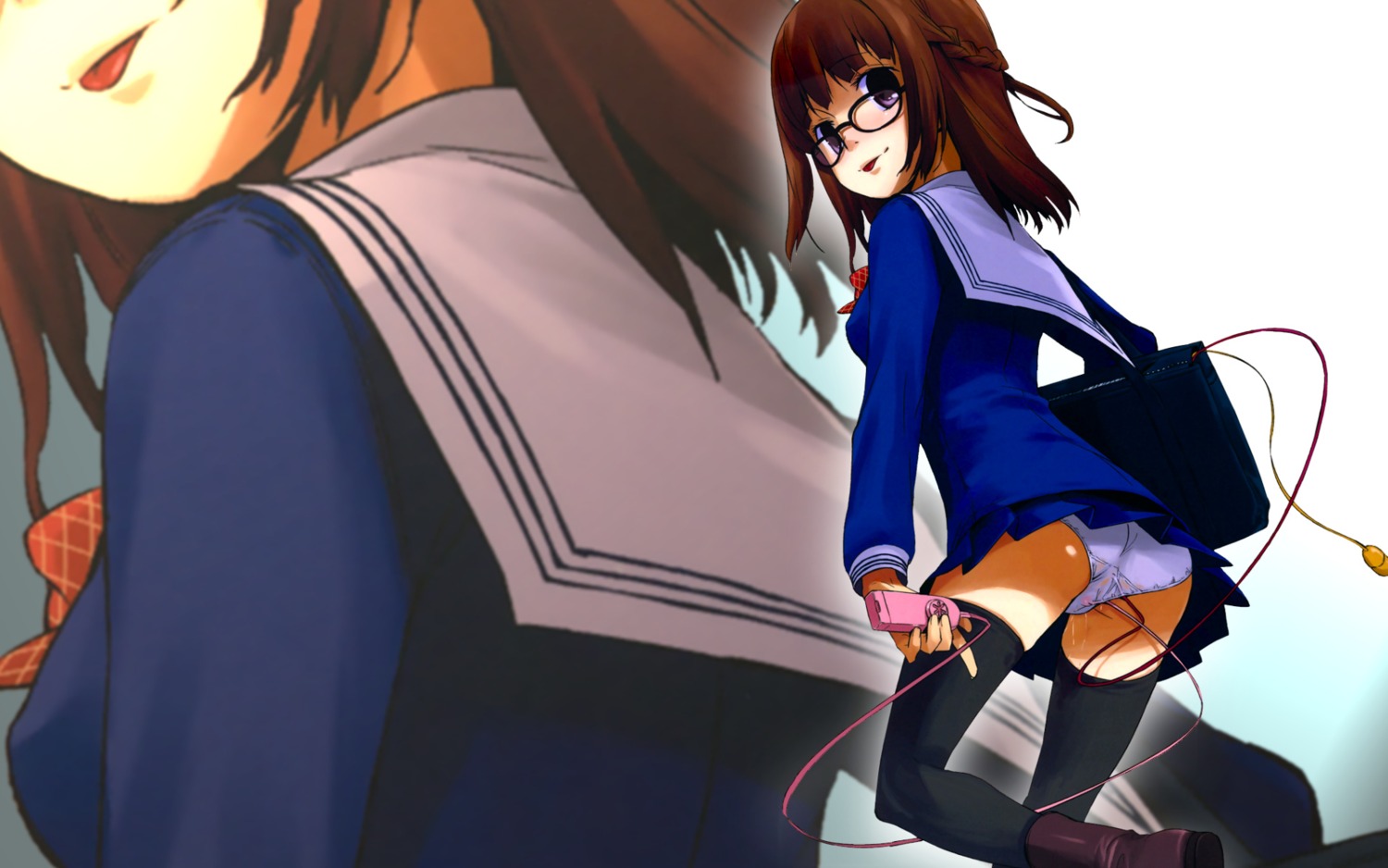 black_legwear breasts brown_hair copyright_request female fully_clothed glasses highres panties rule34 sailor_uniform school_uniform sex_toy tongue tongue_out unicorn vibrator_under_panties wallpaper