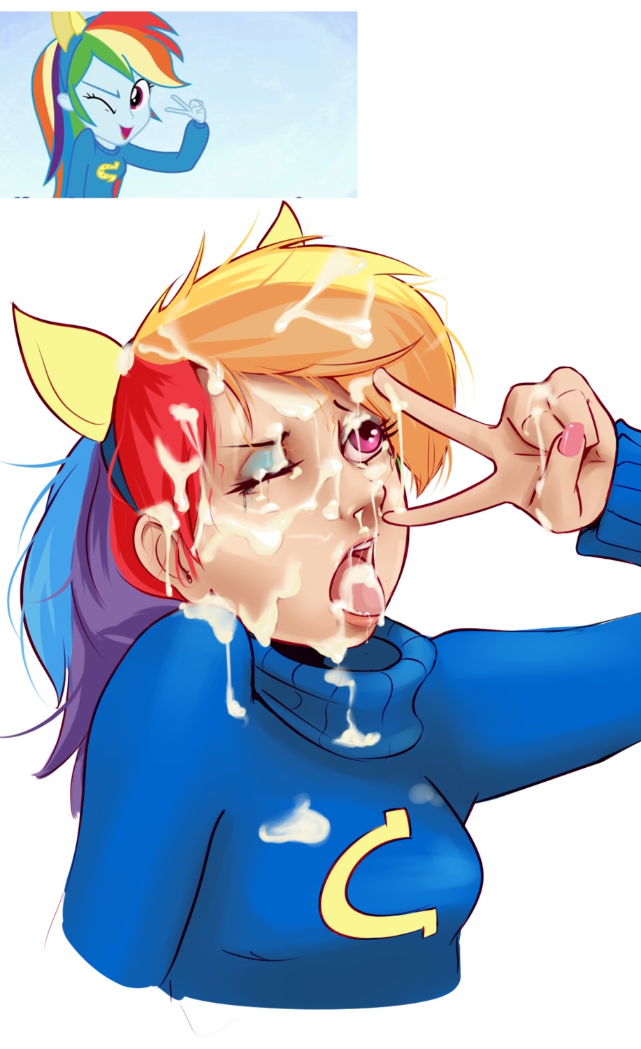 2014 blue_body blue_skin bodily_fluids clothing cum cum_in_mouth cum_inside cum_on_clothing cum_on_face e621 equestria_girls female genital_fluids gesture grandfathered_content hair hand_gesture hasbro hi_res human looking_at_viewer makeup mammal multicolored_hair my_little_pony not_furry one_eye_closed pose purple_eyes rainbow_dash_(eg) rainbow_hair raised_arm screencap shirt_logo simple_background solo sundown_(artist) sweater topwear v_sign white_background wink