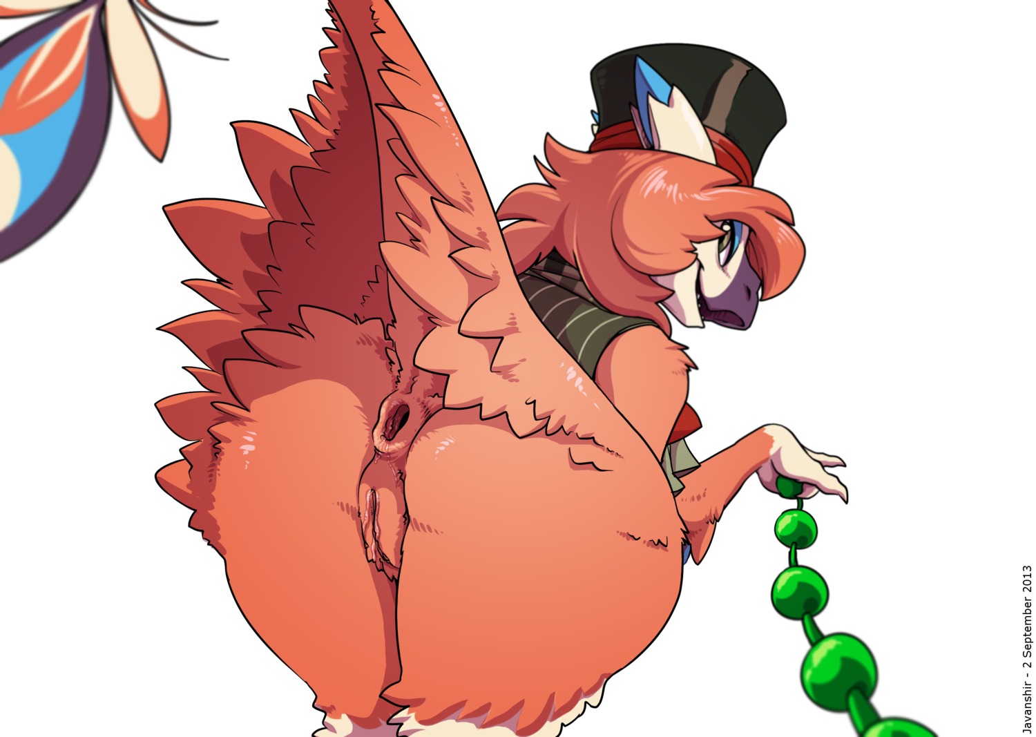 anal_beads anthro anus avian beak bent_over bird bottomless butt clothed clothing crossgender e621 feathers female gaping gaping_anus genitals hat headgear headwear hi_res jagged_mouth javanshir nevrean nude presenting presenting_hindquarters presenting_vulva priley sex_toy shirt simple_background solo teeth toothed_beak top_hat topwear vulva white_background