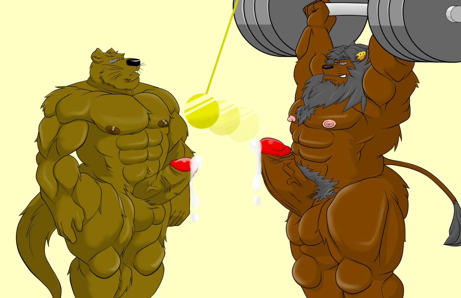 2013 abs animal_genitalia anthro athletic balls beard biceps big_muscles big_penis black_nose bodily_fluids brown_body brown_fur chest_tuft cum cum_on_penis cum_string duo e621 erection exercise facial_hair fangs felid flexing fur genital_fluids genitals grey_body grey_fur grey_hair hair hi_res holding_object huge_muscles humanoid_genitalia humanoid_penis hyper hypnosis leaking lion male mammal mane mind_control mixureru muscular muscular_male muscular_sub mustelid nipples nude otter pantherine pecs penis pose precum presenting pubes sheath smile spiral spiral_eyes standing submissive teeth thick_penis tuft vein weightlifting weights whiskers workout