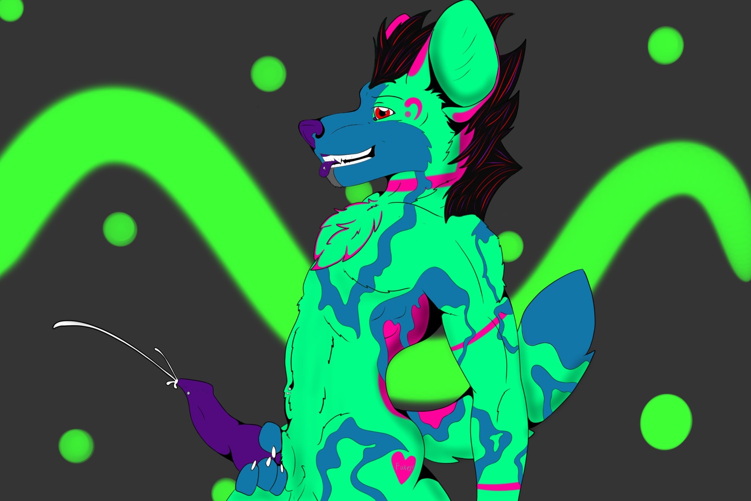 3:2 absurd_res african_wild_dog anthro blue_body blue_fur bodily_fluids canid canine chevronfox cum cumshot e621 ejaculation erection fur genital_fluids genitals hi_res knot male mammal orgasm penis piercing purple_penis red_eyes solo tail teeth tongue tongue_out