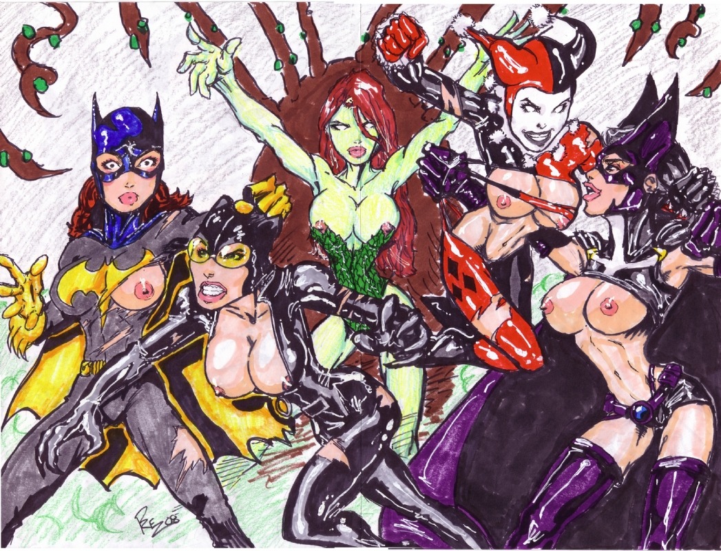 00s 2000s 2008 2d 5girls artist_request artist_signature barbara_gordon batgirl batman_(series) big_breasts breasts catfight catwoman dc dc_comics female female_only fight green-skinned_female green_skin harley_quinn harley_quinn_(classic) helena_bertinelli huntress_(dc) multiple_females multiple_girls nipples pamela_isley poison_ivy ripping_clothing rule34 selina_kyle straight_hair torn_clothes