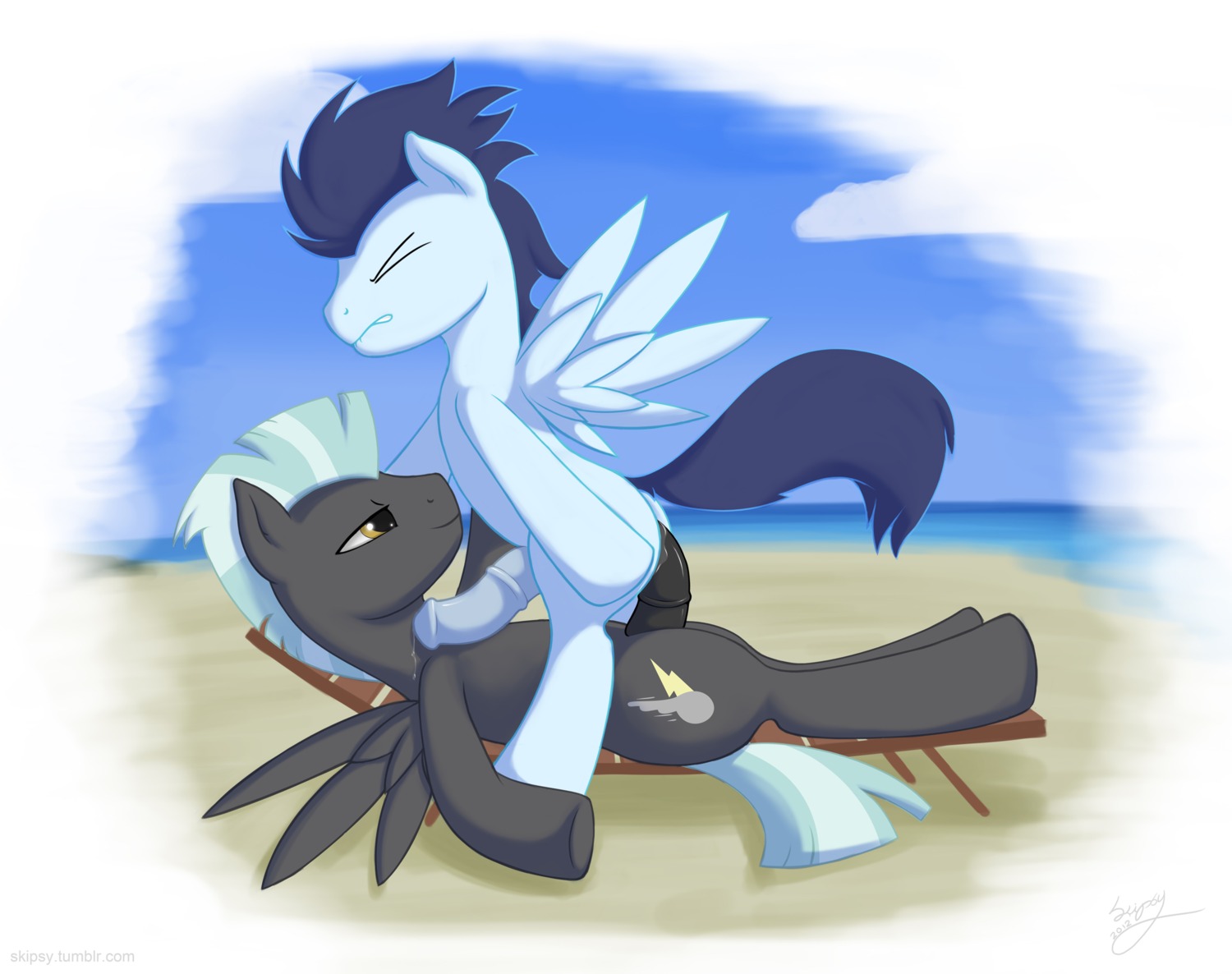 anal anal_penetration beach black_body black_feathers blue_body blue_feathers bodily_fluids chair cloud cutie_mark detailed_background duo e621 equid equine erection feathered_wings feathers feral feral_on_feral feral_penetrated feral_penetrating feral_penetrating_feral friendship_is_magic from_front_position furniture genital_fluids genitals hair hasbro hi_res male male/male male_penetrated male_penetrating male_penetrating_male mammal my_little_pony mythological_creature mythological_equine mythology nude outside pegasus penetration penile penile_penetration penis penis_in_ass precum sand seaside sex sex_on_the_beach skipsy sky soarin_(mlp) tail thunderlane_(mlp) wings wonderbolts_(mlp)