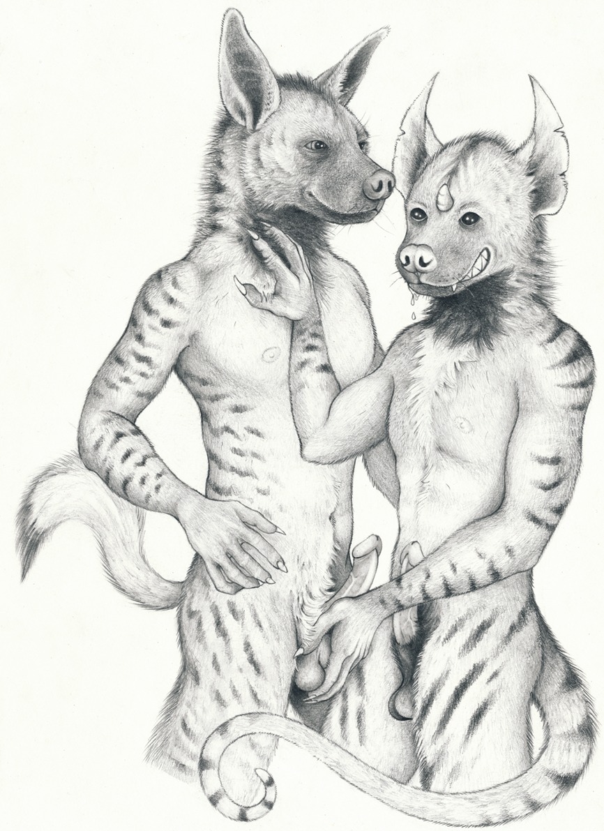 anthro aruhs ball_fondling balls bodily_fluids claws demon duo e621 erection fondling genitals grin humanoid_genitalia humanoid_penis hyena male male/male mammal nipples nude penis saliva smile striped_hyena