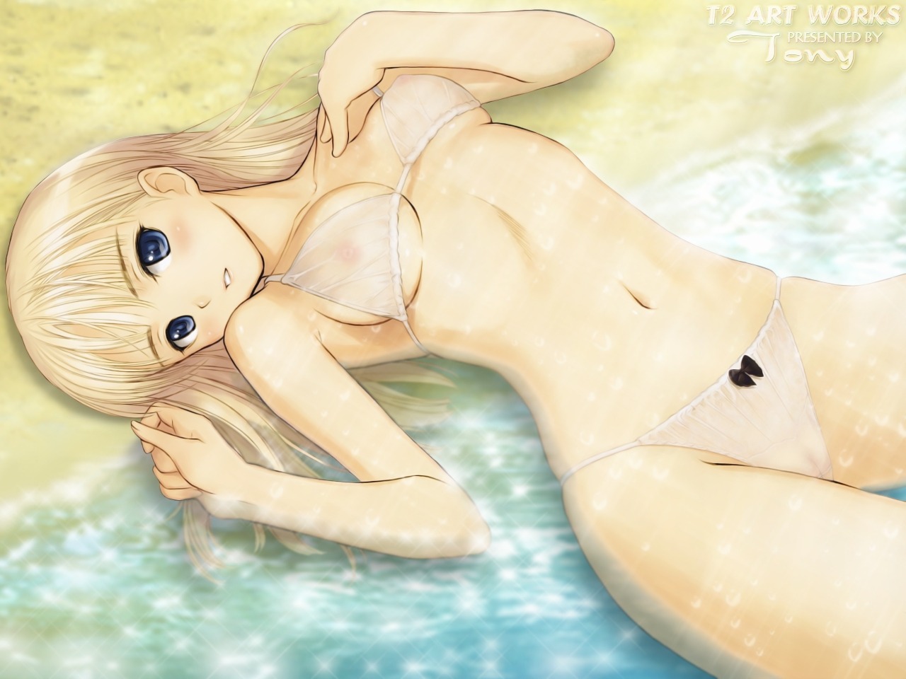 1girls bikini blonde_hair blush female female_only lying nipples outdoors rule34 see-through see-through_bikini solo swimsuit taka_tony