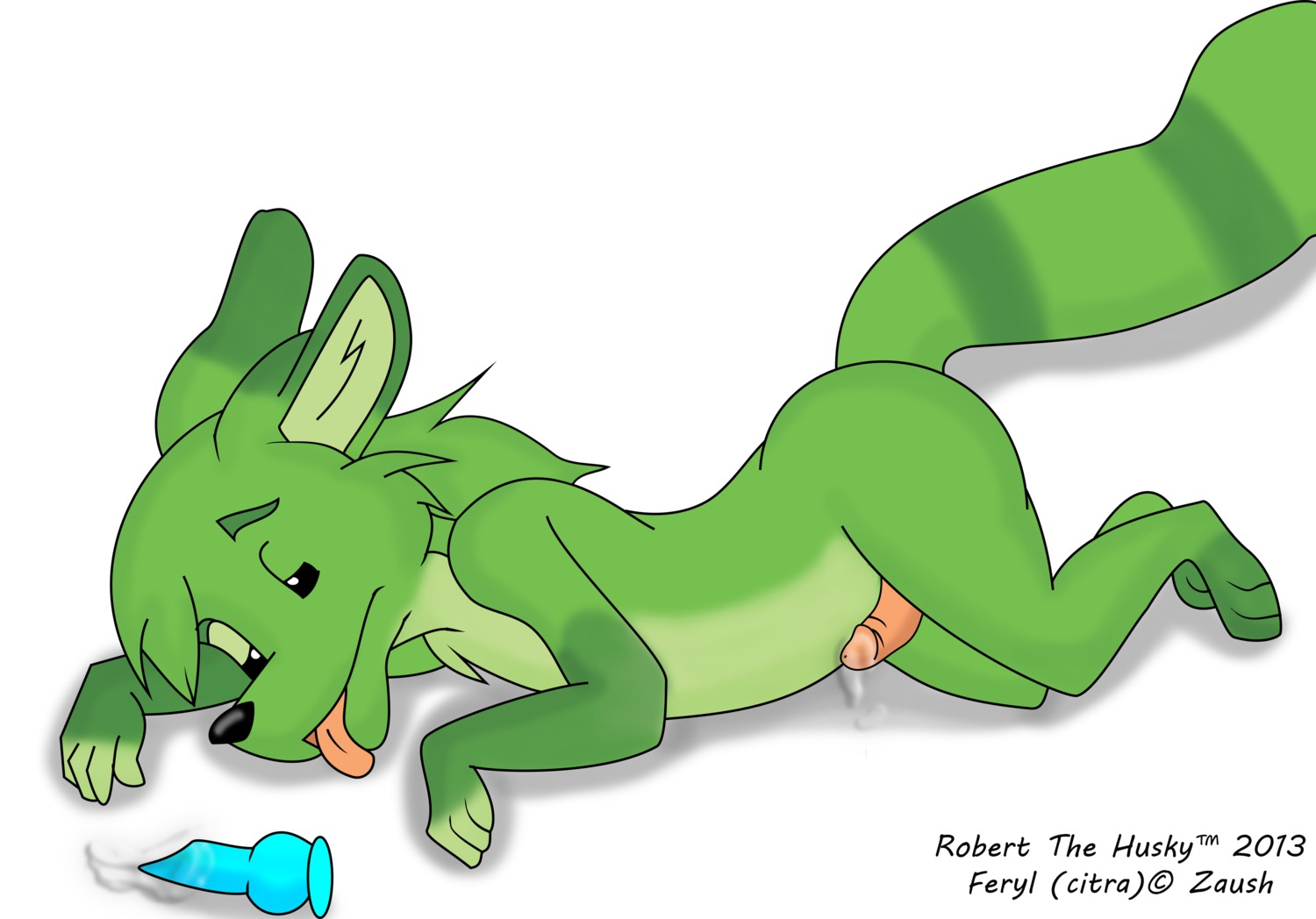 2013 absurd_res bodily_fluids citra cum e621 erection eyes_closed fluffy fluffy_tail fur genital_fluids genitals hi_res male mammal orgasm penis robert_the_husky solo tail
