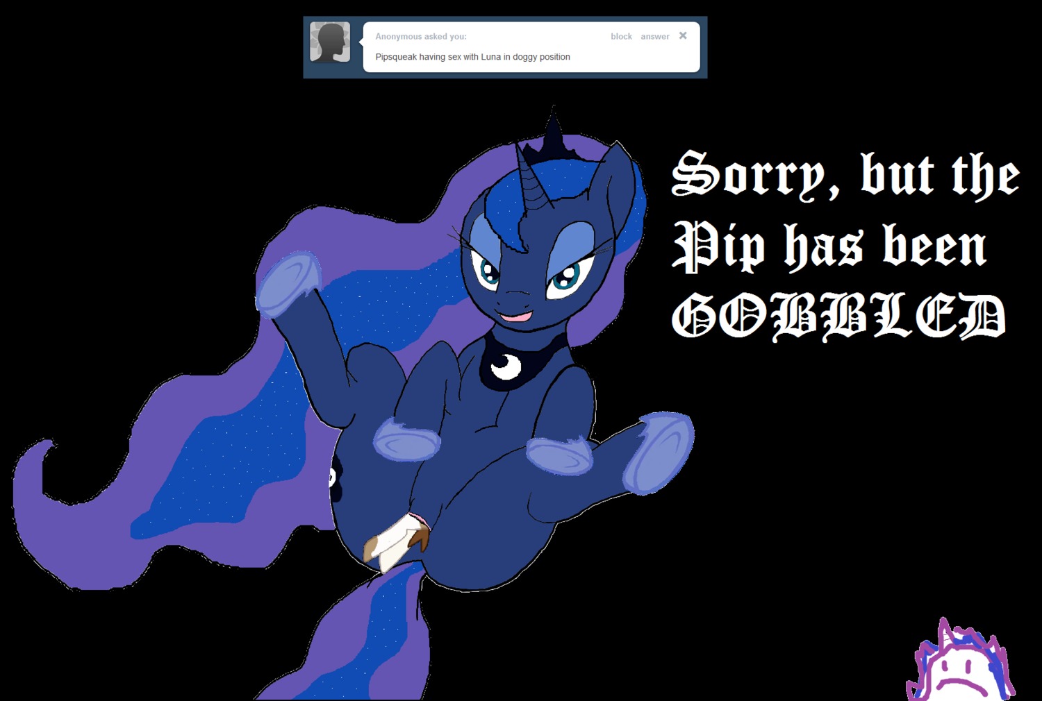 duo e621 earth_pony english_text equid equine female feral friendship_is_magic genitals hasbro head_first hi_res horse mammal mspaintponies my_little_pony pipsqueak_(mlp) pony princess_luna_(mlp) quadruped spread_legs spreading tail text tumblr twilight_panda unbirthing vaginal vore vulva