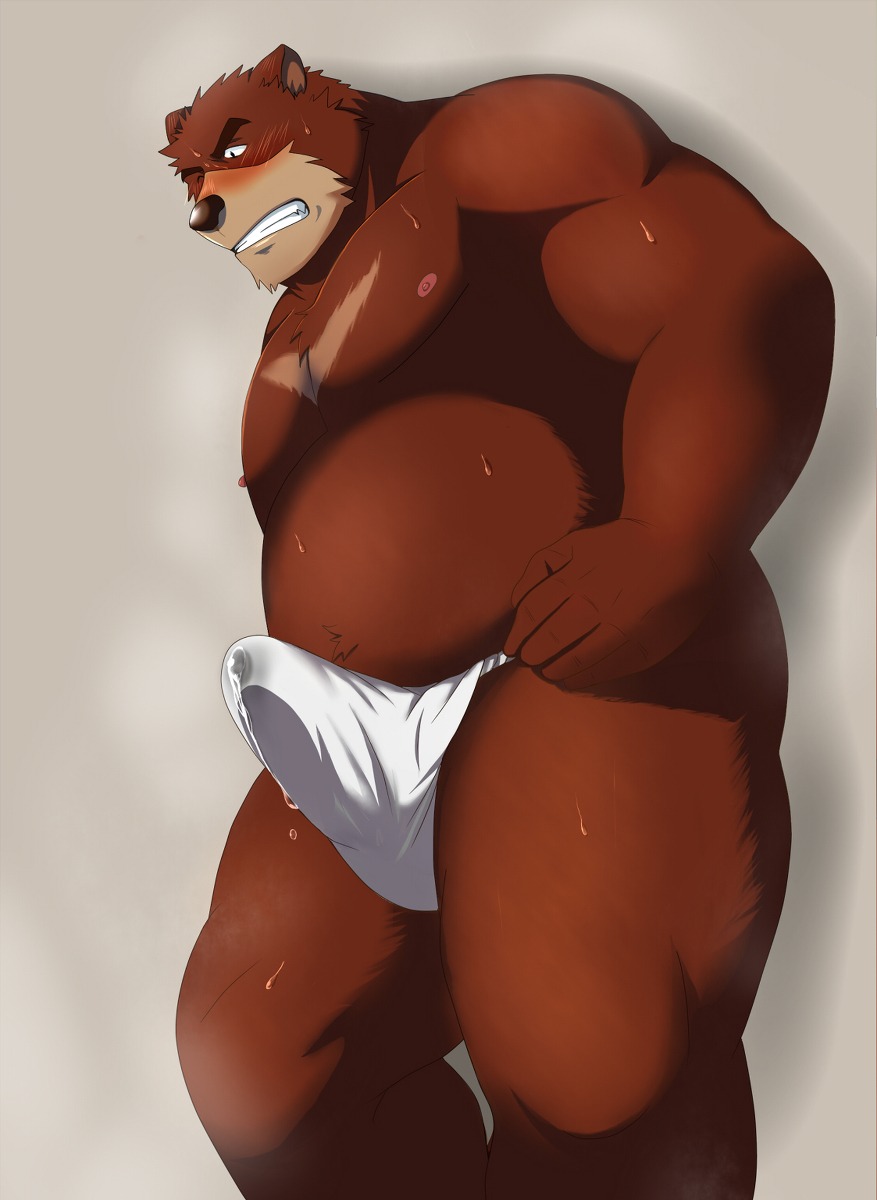 2012 anthro asian_clothing bear big_penis black_bear blush bodily_fluids brown_body brown_fur bulge clothed clothing colored e621 east_asian_clothing erection erection_under_clothing fundoshi fur genital_fluids genitals hi_res japanese_clothing juuichi_mikazuki male mammal moon_bear morenatsu musclegut muscular nipples one_eye_closed penis precum precum_through_clothing simple_background slightly_chubby solo sweat teeth tenting underwear ursine wet wet_clothing yandereyamiyami_(pixiv)