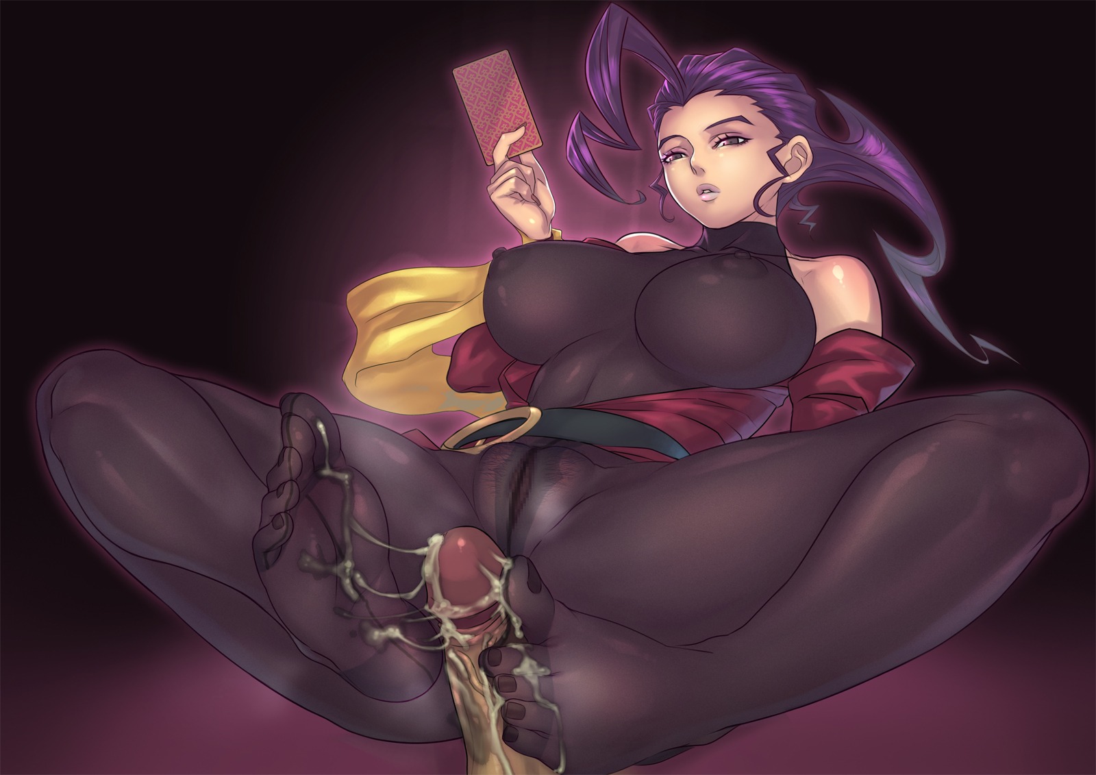 bodystocking breasts capcom censored cum cum_on_body cum_on_lower_body feet female footjob highres male nail_polish nipples pantyhose penis purple_hair pussy rose_(street_fighter) rule34 sethxzoe street_fighter toenails toes