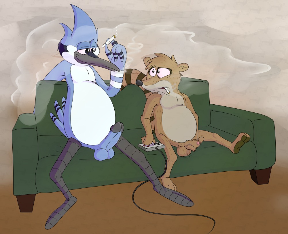 2_toes 3_toes anthro avian avian_feet balls beak bird blue_jay cartoon_network circumcised controller corvid drugs duo e621 erection feathers feet flaccid foreskin furniture game_controller genitals humanoid_genitalia humanoid_penis jay_(bird) male male/male mammal marijuana masturbation mordecai_(regular_show) neenya new_world_jay oscine passerine penile penile_masturbation penis penis_envy procyonid raccoon regular_show rigby_(regular_show) sitting slightly_chubby smoke smoking sofa spread_legs spreading tail tail_feathers toes