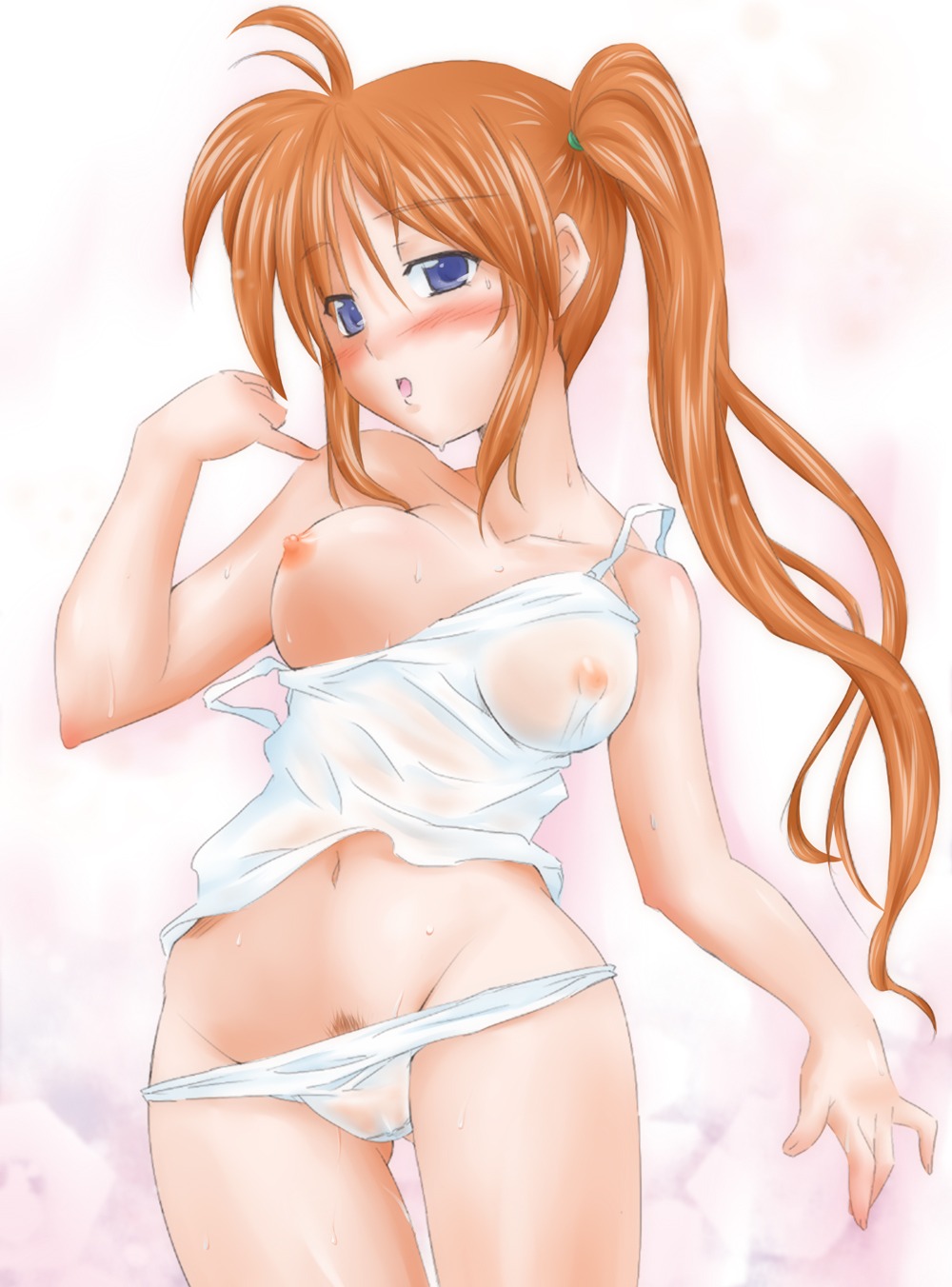 1girls 2d blush breasts cameltoe colored female female_only highres large_breasts long_hair lyrical_nanoha mahou_shoujo_lyrical_nanoha mahou_shoujo_lyrical_nanoha_strikers nipples no_bra panties pubic_hair pussy rule34 see-through shinozuki_takumi side_ponytail solo straight_hair sweat takamachi_nanoha uncensored underwear wet