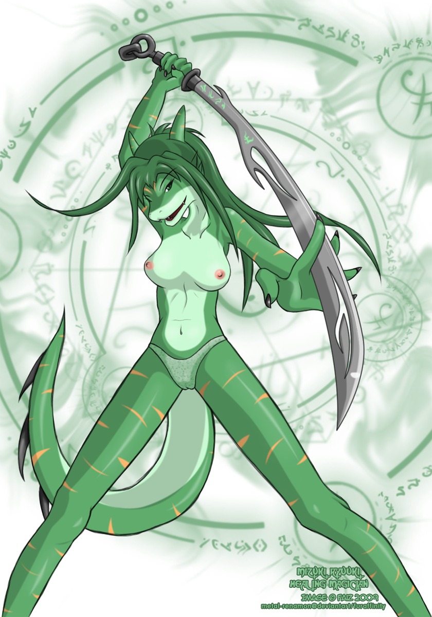 2009 anthro breasts camel_toe clothed clothing countershading dragon e621 female green_body green_hair hair hi_res melee_weapon metal-renamon mythological_creature mythological_scalie mythology nipples non-mammal_breasts non-mammal_nipples panties runes ryuuki_mizuki scalie solo stripes sword tail topless underwear warrior weapon