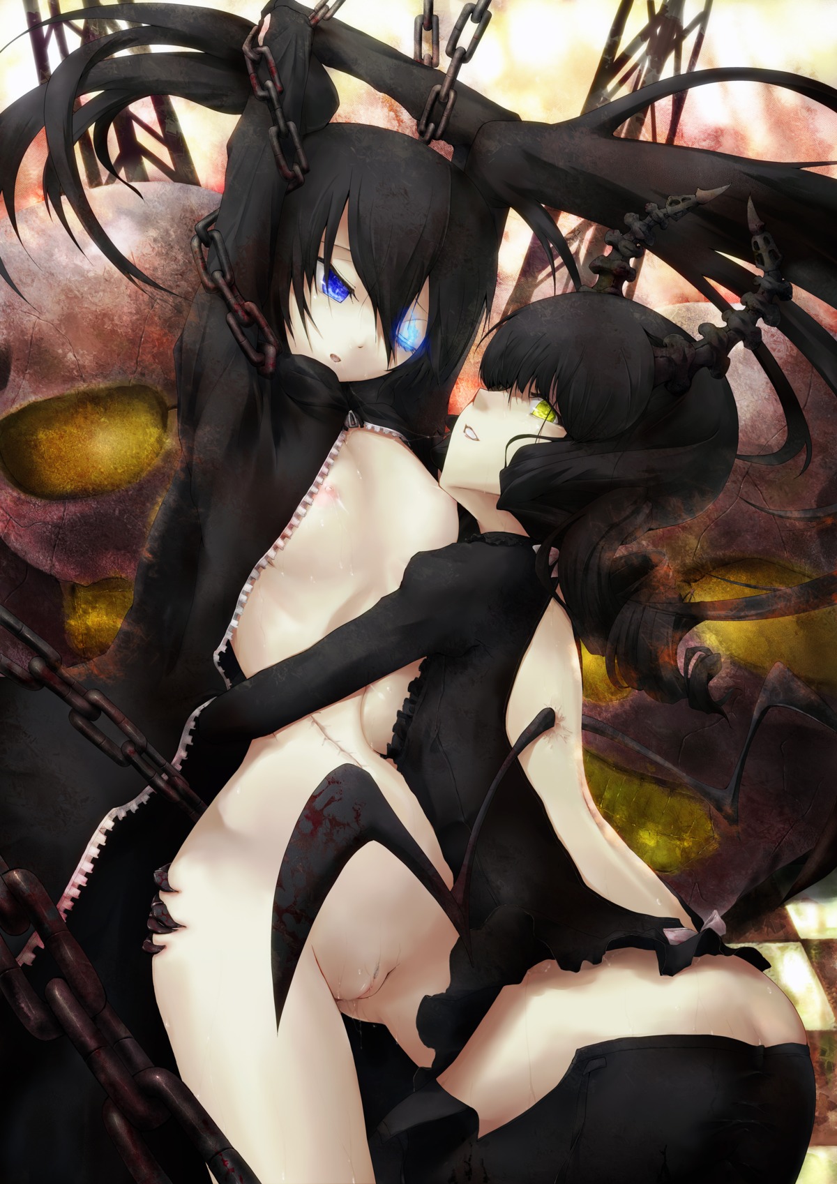 2girls arms_up black_hair black_rock_shooter black_rock_shooter_(character) blue_eyes bottomless breast_press breasts chains checkered dead_master dress female female_only glowing glowing_eyes high_resolution horns kuku_px long_hair multiple_females multiple_girls navel open_clothes pussy pussy_juice rule34 saliva saliva_trail scar skull small_breasts straight_hair sweat tied_hair twintails uncensored yellow_eyes yuri