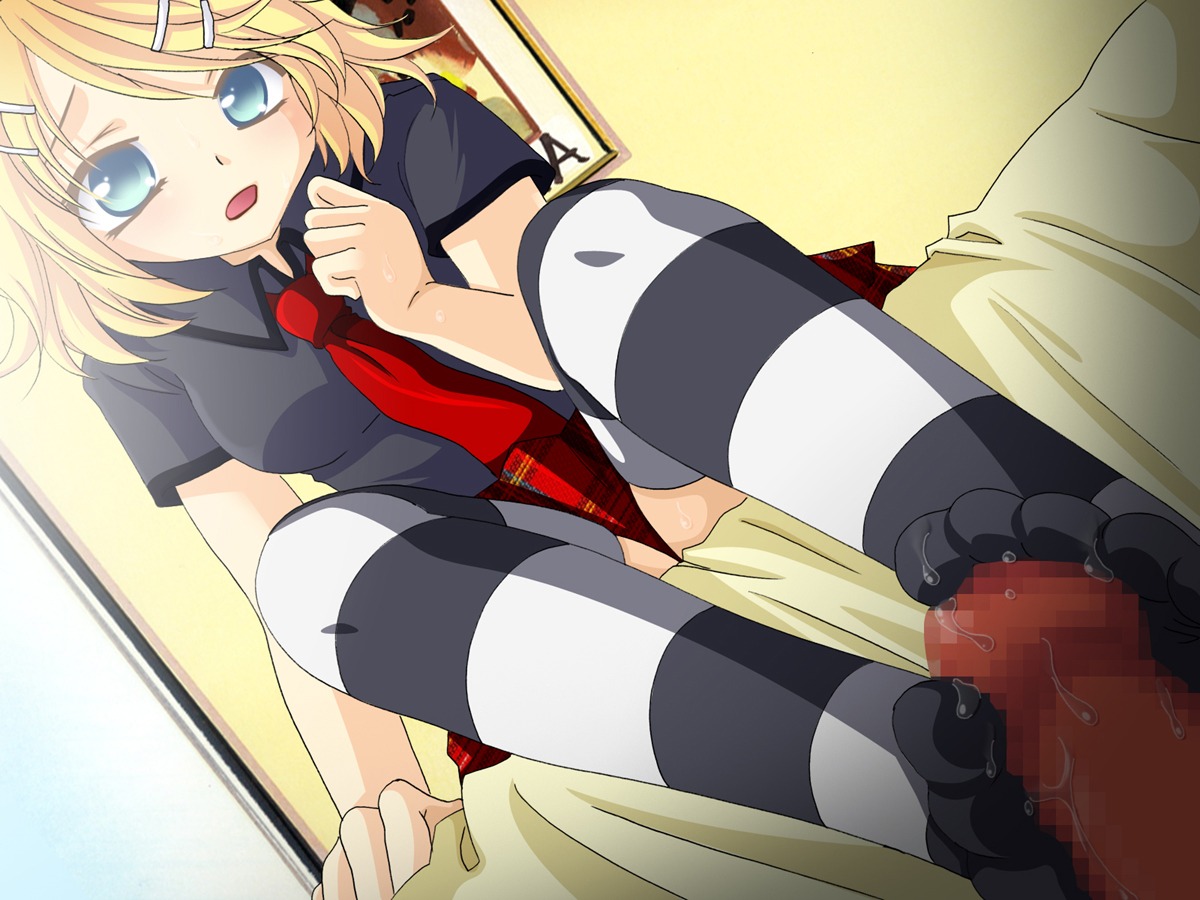 blonde_hair blue_eyes breasts censored clothed_female female footjob footjob_with_legwear kagamine_rin male mosaic_censoring open_mouth penis plaid_skirt rule34 sitting small_breasts striped_legwear striped_thighhighs tagme tongue vocaloid