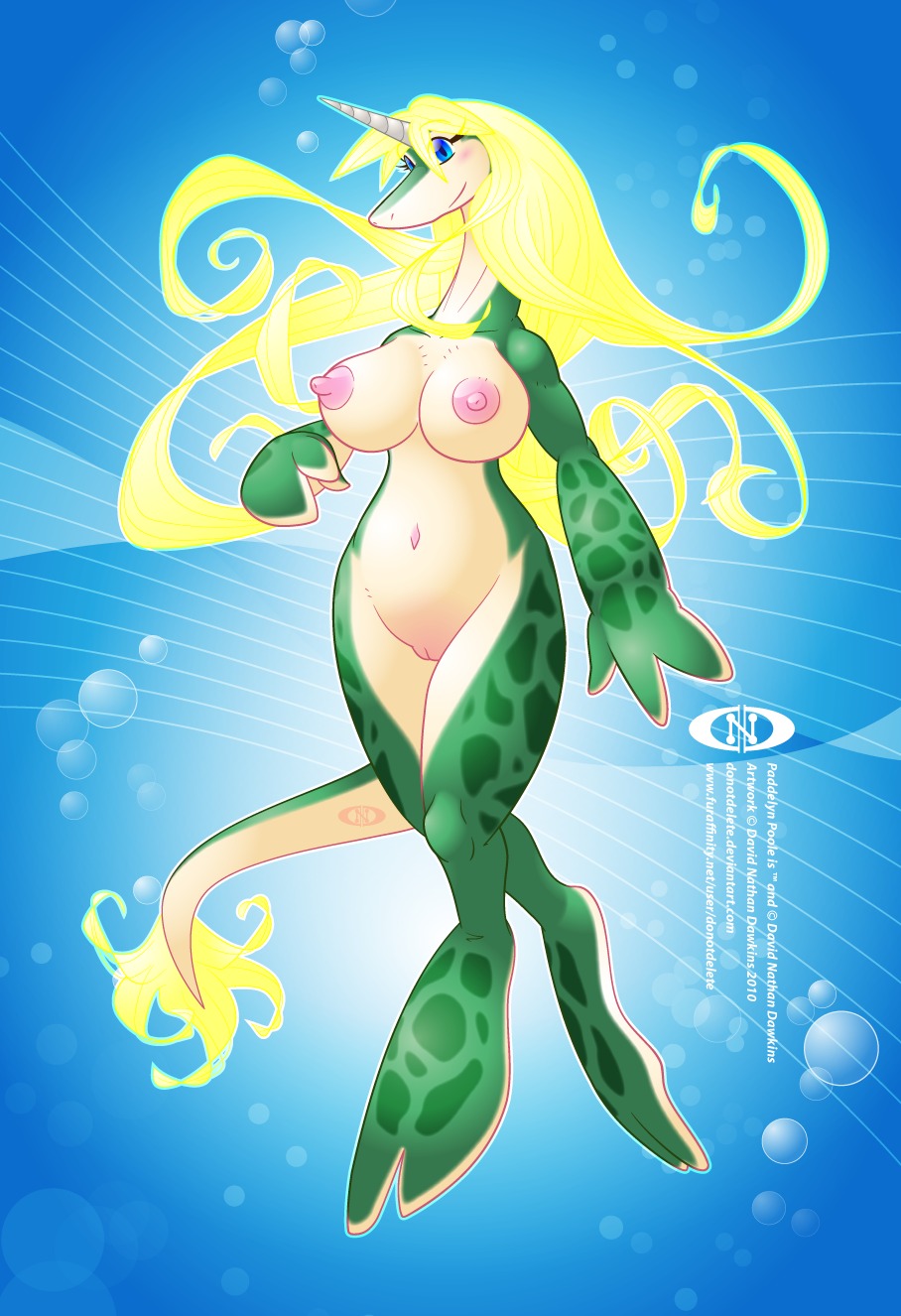 2010 anthro aquatic big_breasts blonde_hair breasts cetacean donotdelete e621 female flippers genitals green_body hair hi_res horn long_hair mammal monodontid narwhal navel nipples nude podelyn_poole solo tail toothed_whale underwater vulva water wide_hips