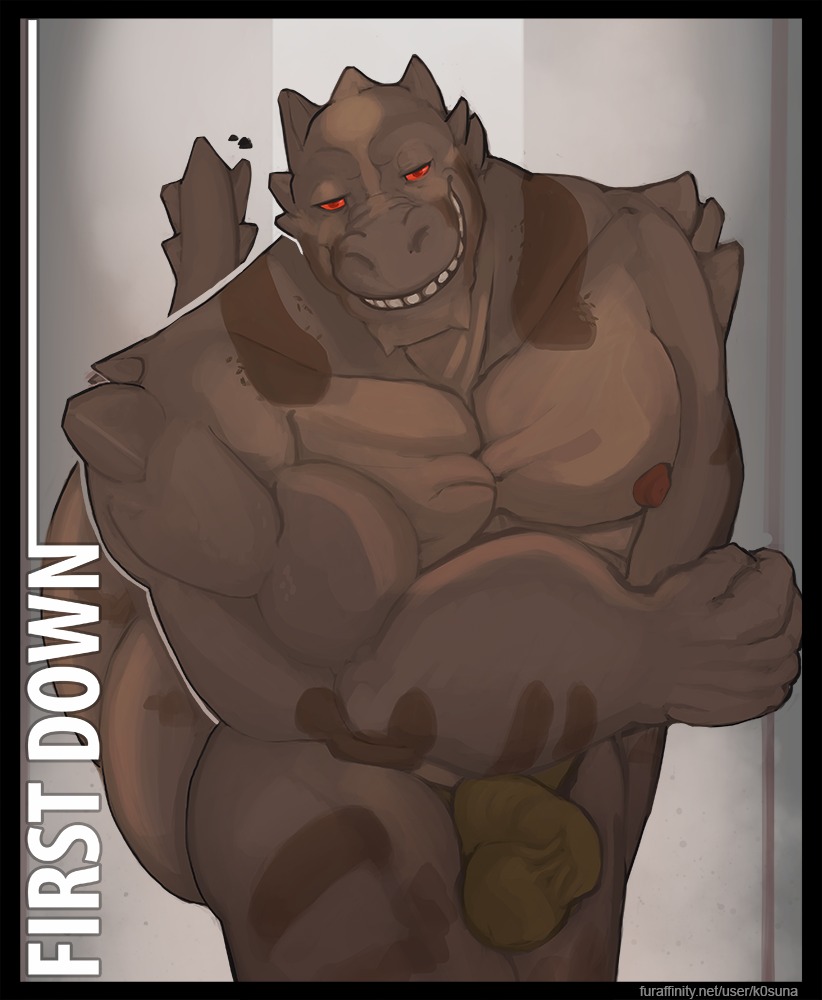 anthro balls_outline biceps biped bulge clothed clothing comic detailed_bulge e621 firstdown genital_outline k0suna looking_at_viewer male muscular muscular_anthro muscular_male nipples non-mammal_nipples pecs pose scalie smile solo standing thorns topless underwear