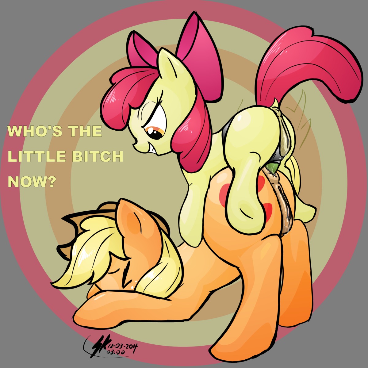 1:1 2014 absurd_res accessory adult_on_young age_difference alpha_channel anal anal_penetration anus apple_bloom_(mlp) applejack_(mlp) blonde_hair bodily_fluids bow_(feature) bow_accessory bow_ribbon clothing cowboy_hat cutie_mark dialogue dildo dominant dominant_young duo e621 earth_pony english_text equid equine eyes_closed female female/female female_penetrating feral forced freckles friendship_is_magic from_behind_position fur genital_fluids genitals grin hair hair_accessory hair_bow hair_ribbon hasbro hat headgear headwear hi_res horse incest_(lore) larger_female larger_penetrated larger_sub mammal my_little_pony older_female orange_body orange_fur pedrohspacewolfy penetration perching_position pony profanity red_hair ribbons sex sex_toy sexist_slur sibling_(lore) sister_(lore) sisters_(lore) size_difference slur smaller_female smile strapon submissive text vaginal_fluids vulva yellow_body yellow_fur young young_female young_feral young_penetrating younger_dom_older_sub younger_female