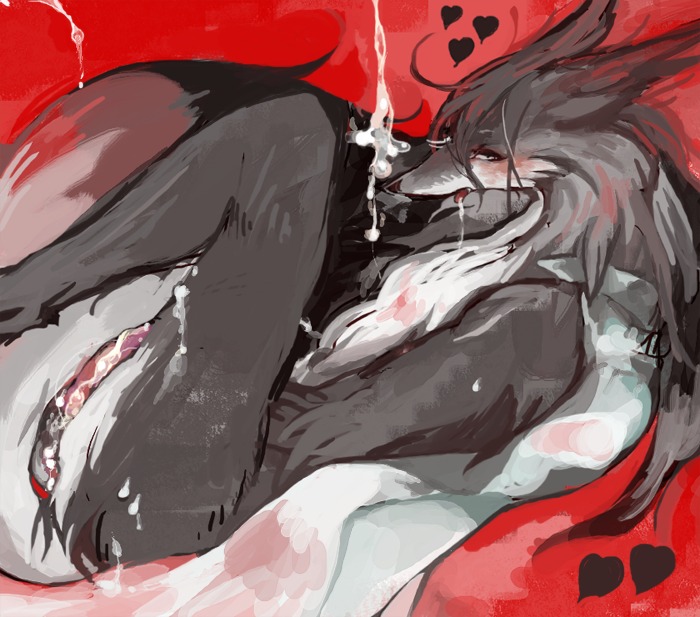 after_sex anthro balls biped blush bodily_fluids canid canine canis cum domestic_dog e621 erection genital_fluids genitals heart_symbol lying male mammal messy nude on_back penis robi solo tail tongue tongue_out